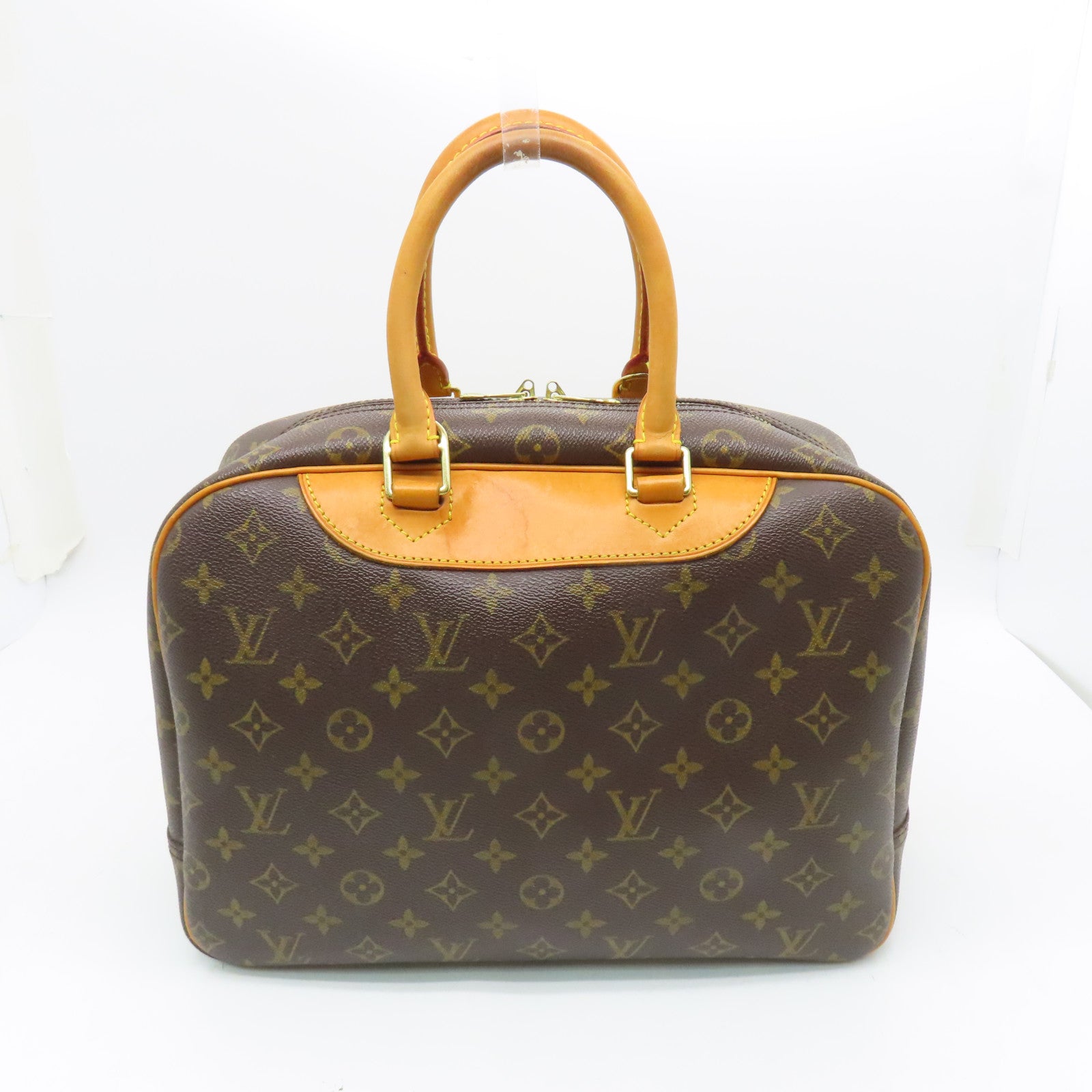 LOUIS VUITTON Monogram Deauville gold buckle handle bag brown