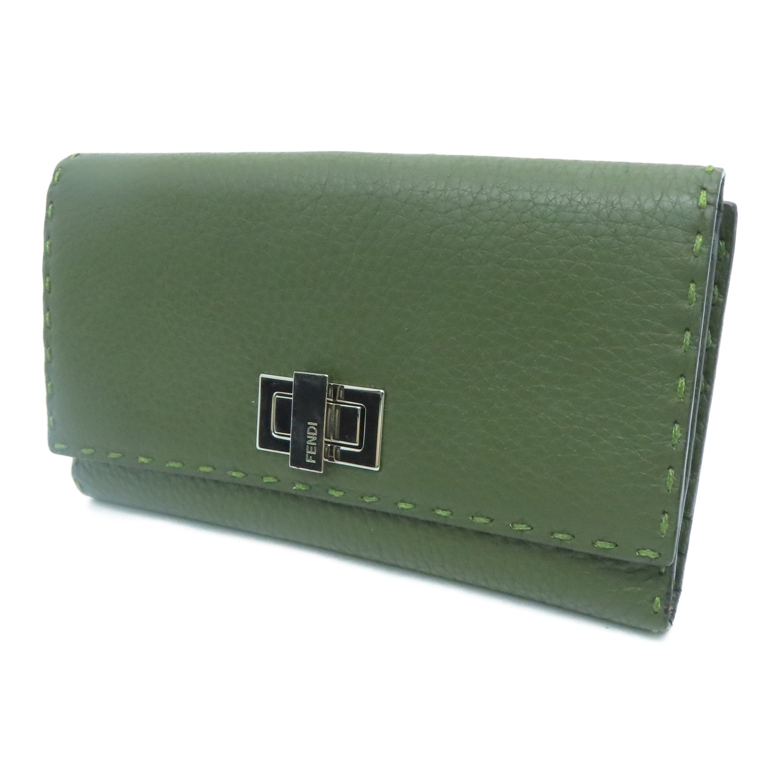 FENDI [Sharp Discount] Cowhide Leather Long Wallet Silver Buckle Wallet Green