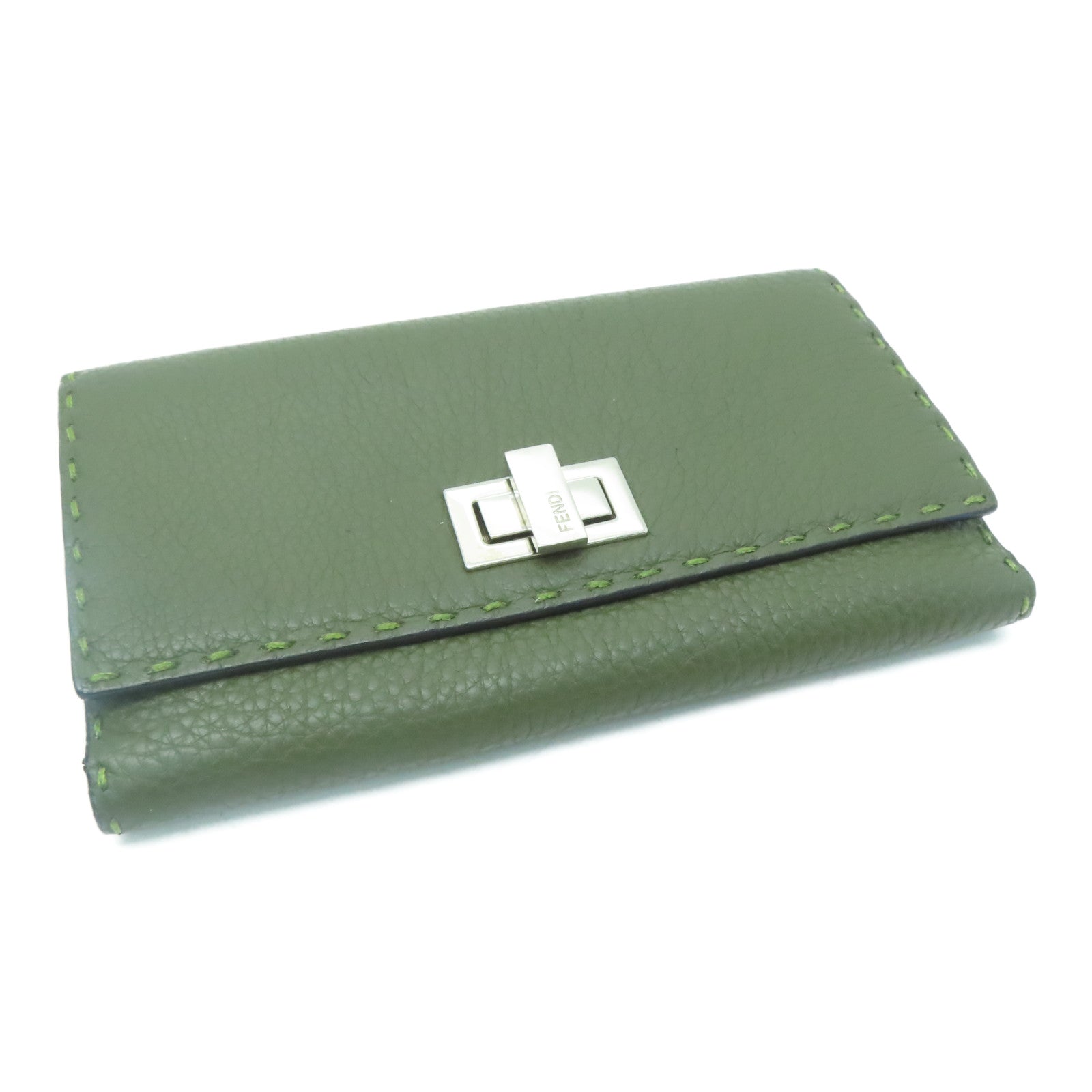 FENDI [Sharp Discount] Cowhide Leather Long Wallet Silver Buckle Wallet Green