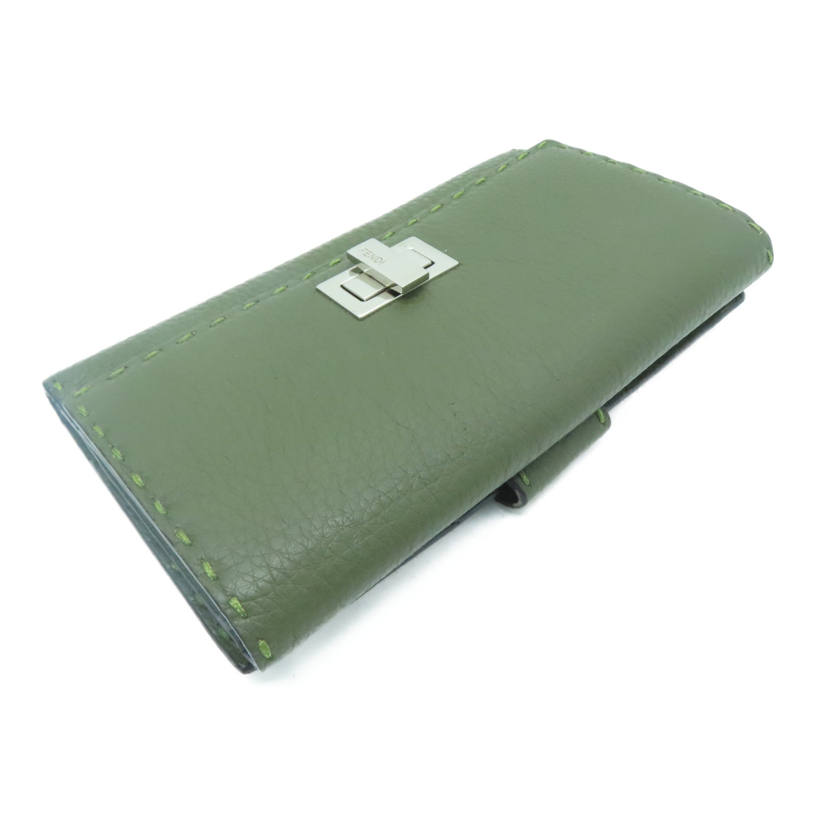 FENDI [Sharp Discount] Cowhide Leather Long Wallet Silver Buckle Wallet Green