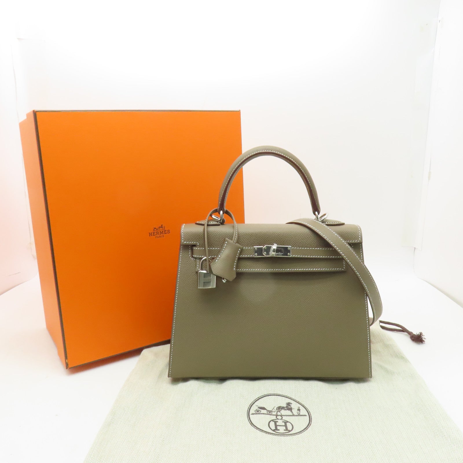 HERMES Epsom皮革Kelly 25銀扣手挽肩背兩用袋灰色