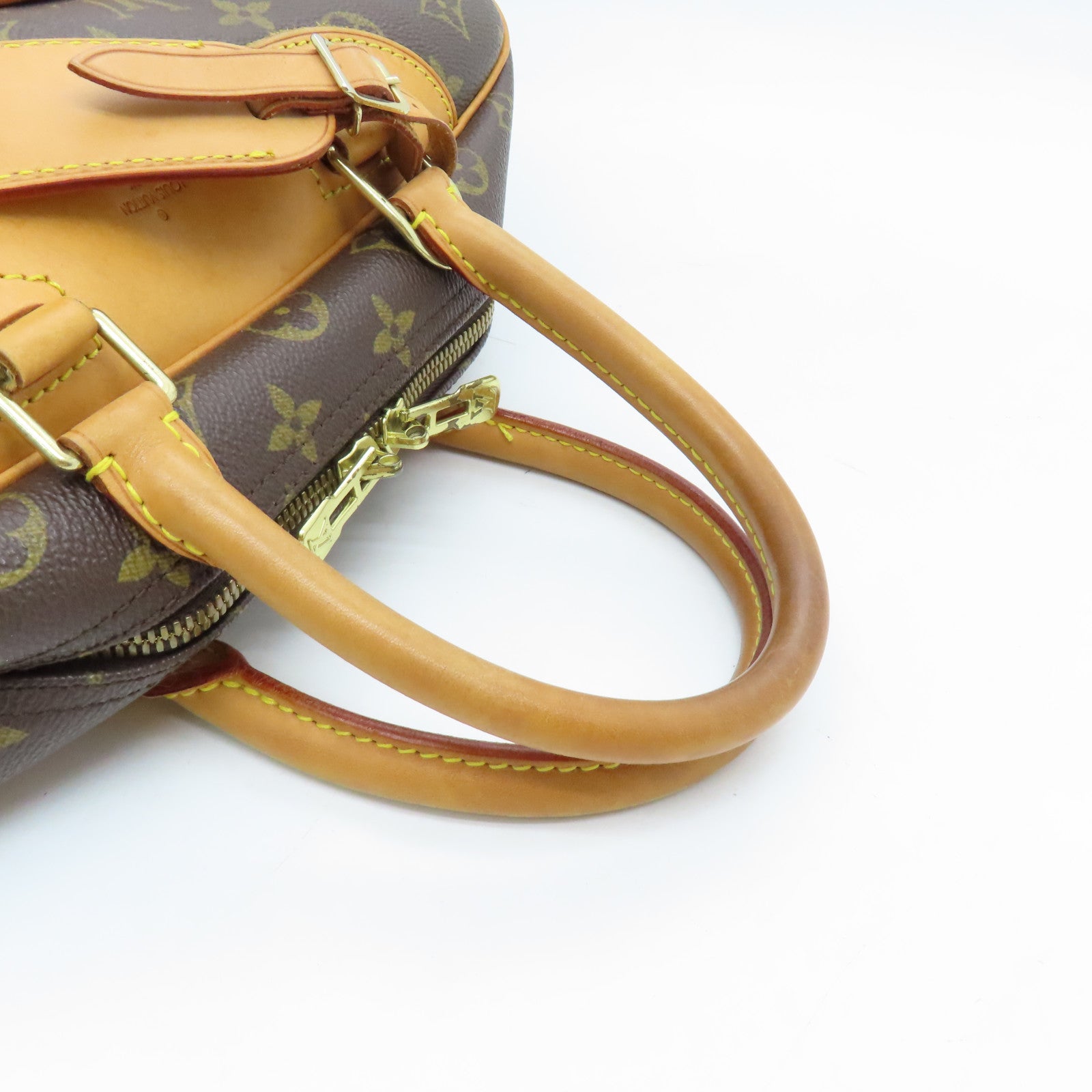 LOUIS VUITTON Monogram Deauville gold buckle handle bag brown