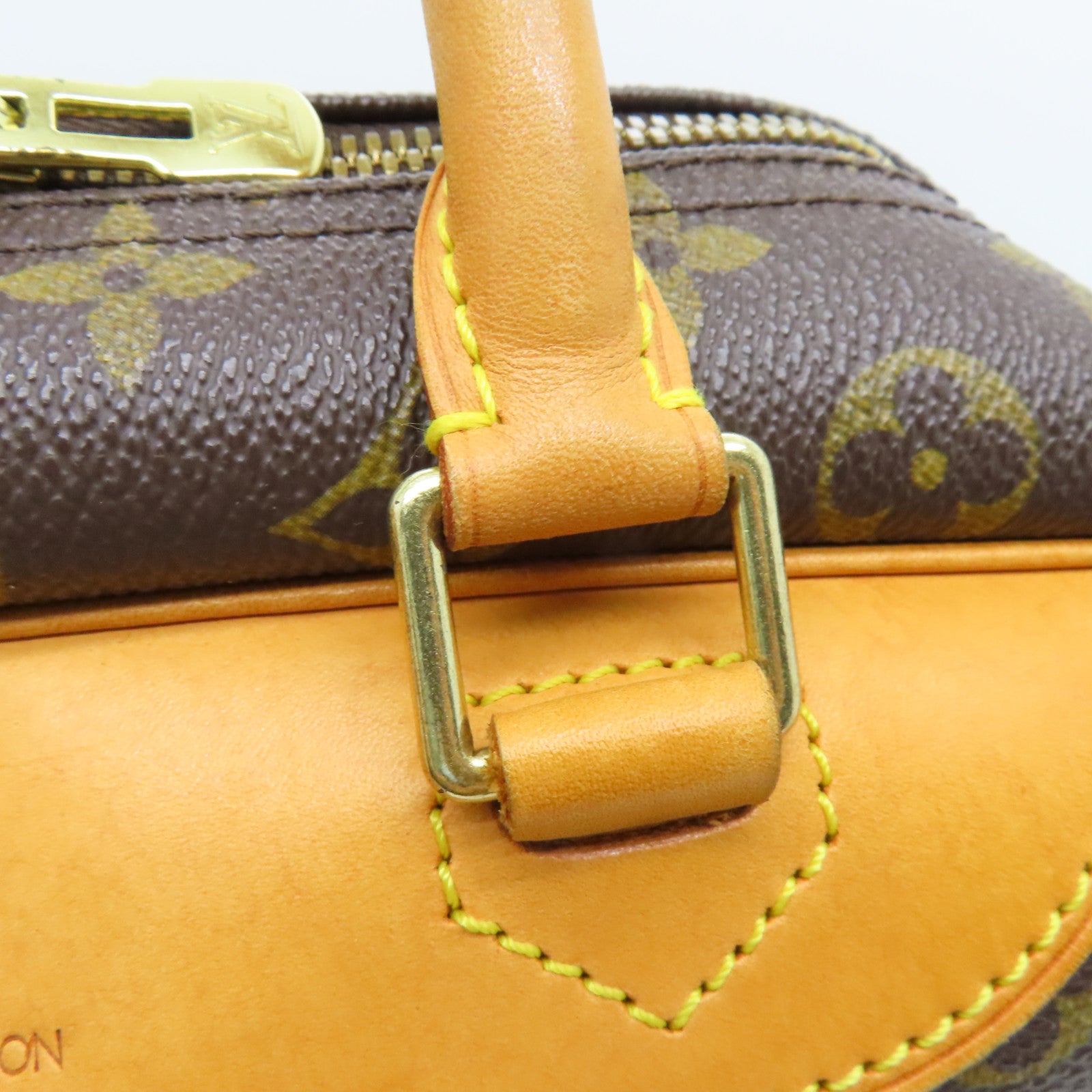 LOUIS VUITTON Monogram Deauville gold buckle handle bag brown