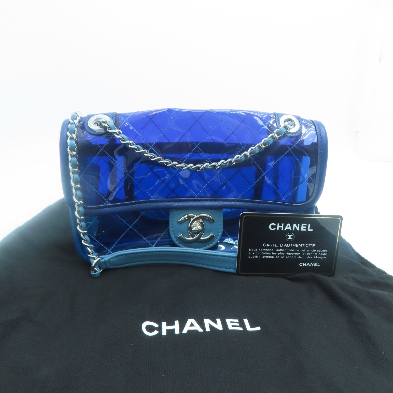 CHANEL PVC皮革Chain Shoulder銀扣鏈帶肩背袋銀色