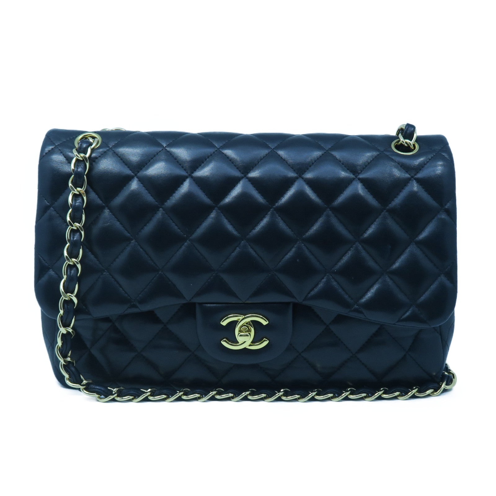 CHANEL Diamond Sheepskin Leather Classic Jumbo Gold Buckle Chain Shoulder Bag Black