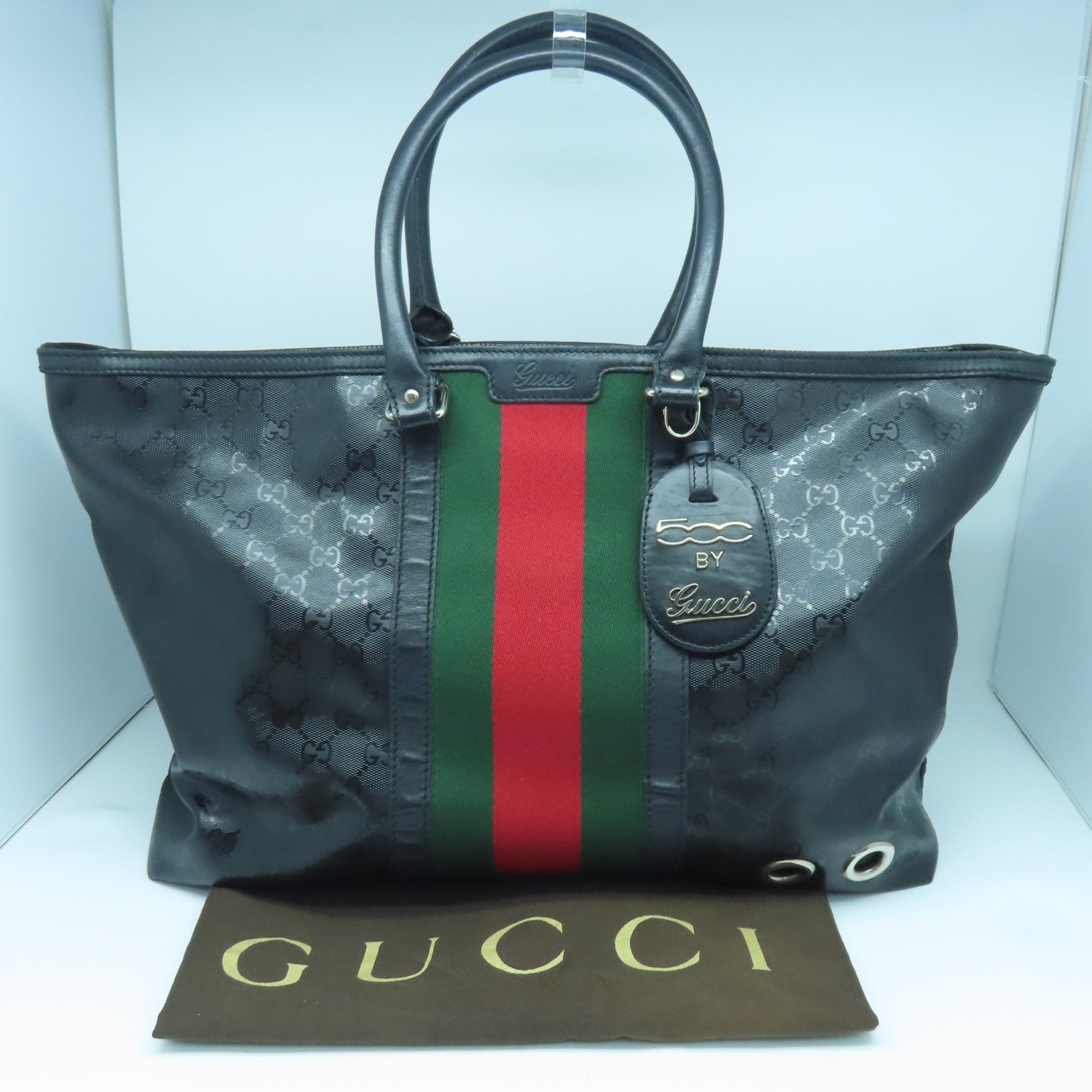 GUCCI 涂层帆布Imprime Monogram Web 500 Tote银扣手挽袋黑色