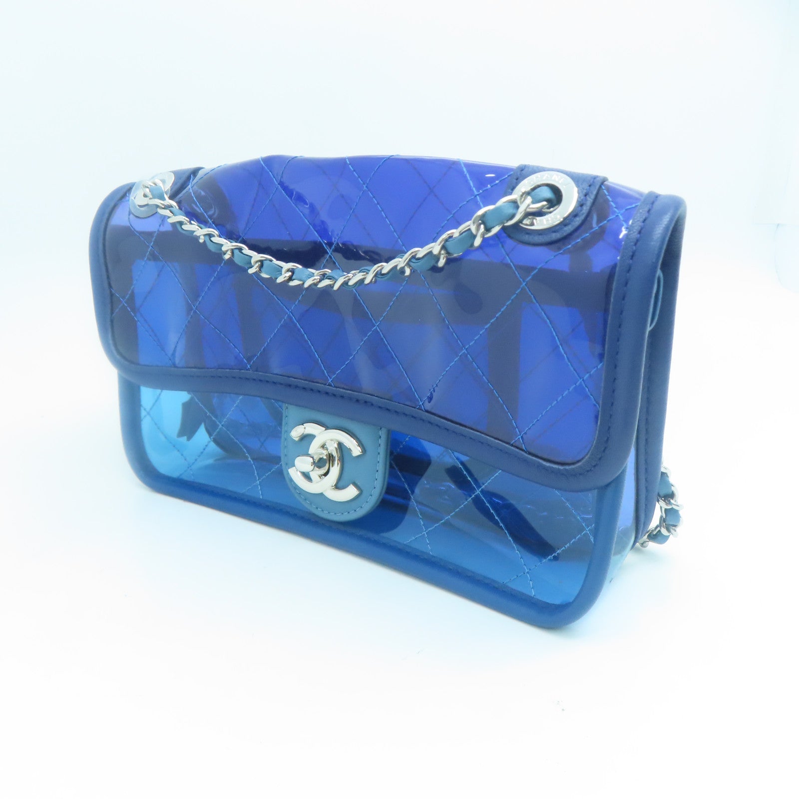 CHANEL PVC皮革Chain Shoulder銀扣鏈帶肩背袋銀色