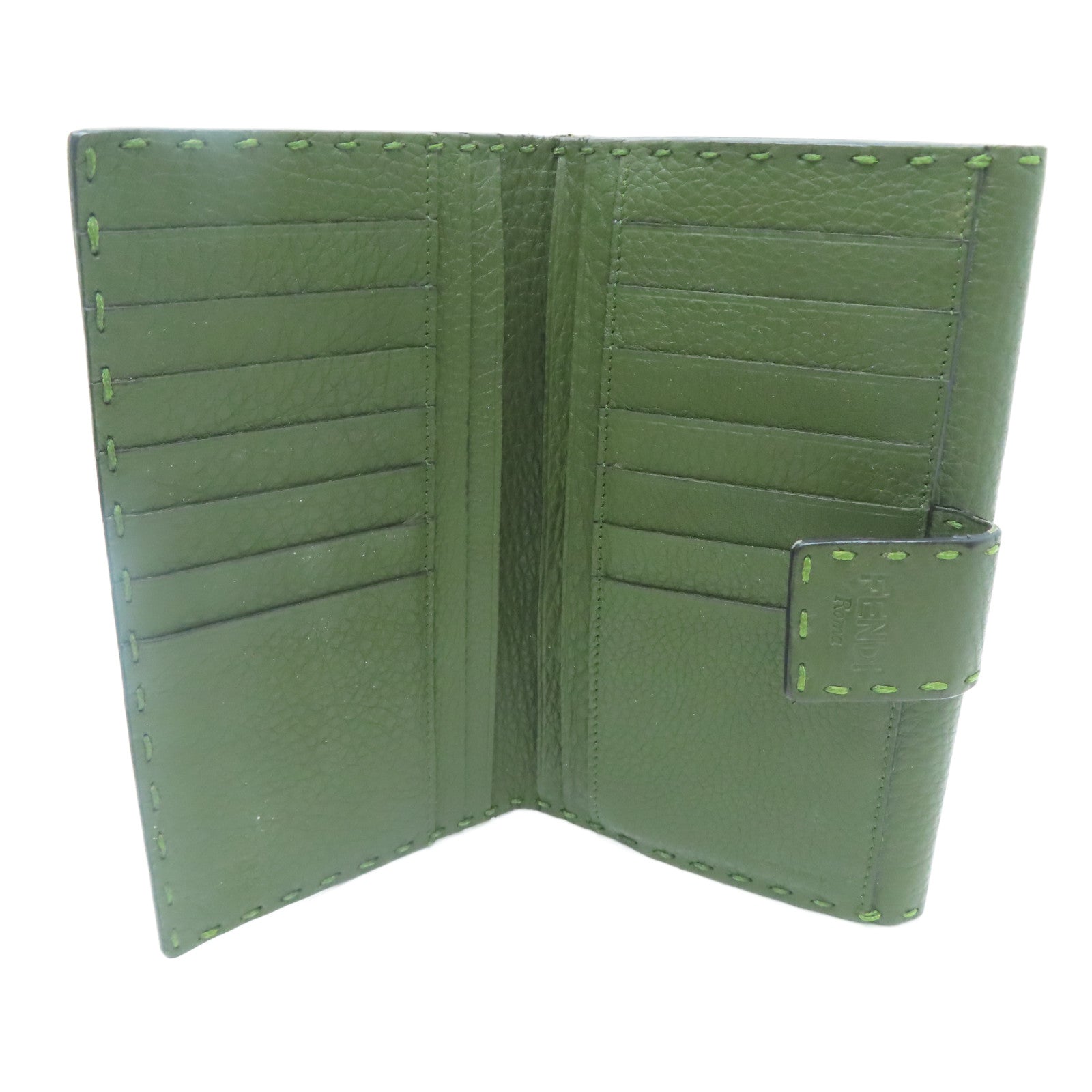 FENDI [Sharp Discount] Cowhide Leather Long Wallet Silver Buckle Wallet Green