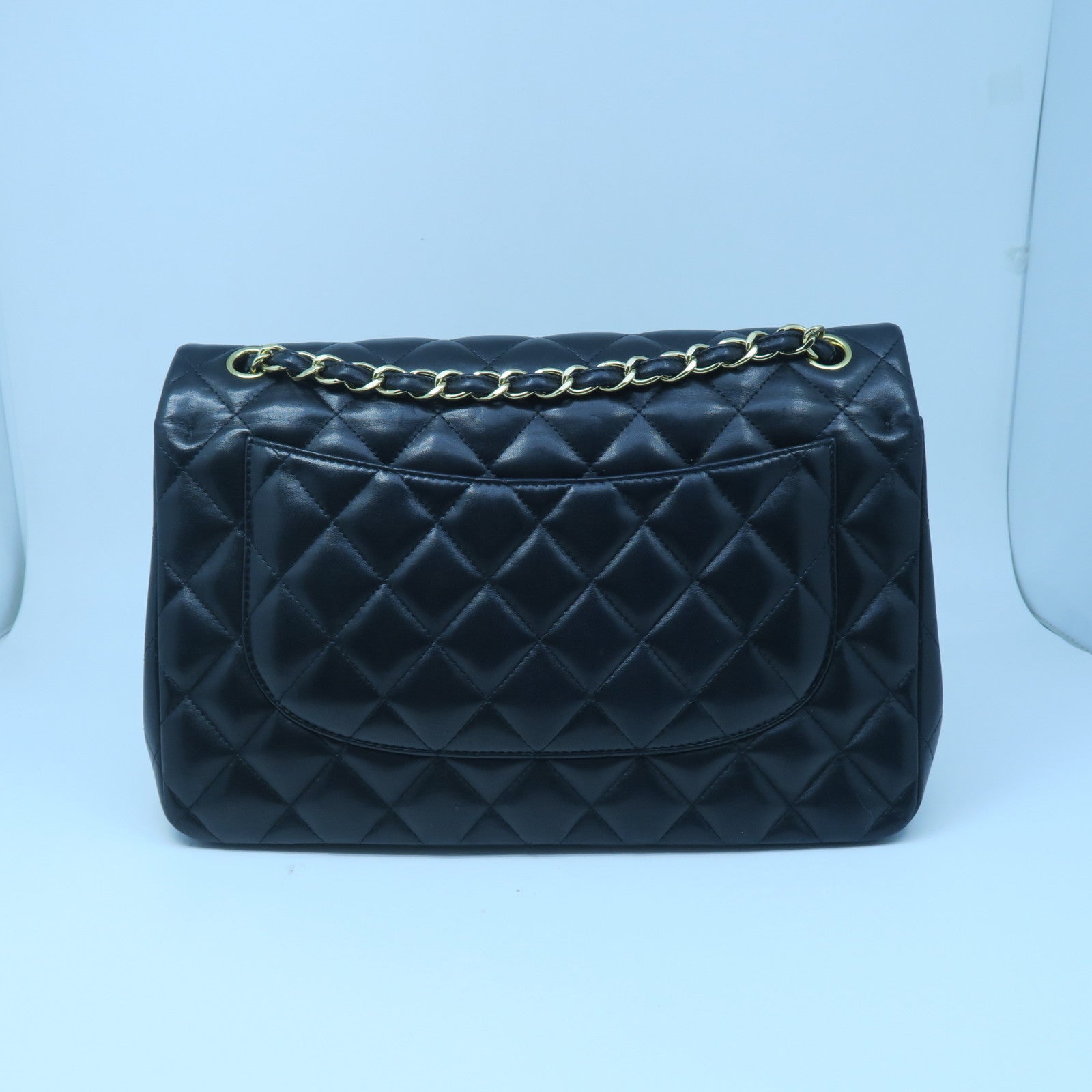 CHANEL Diamond Sheepskin Leather Classic Jumbo Gold Buckle Chain Shoulder Bag Black