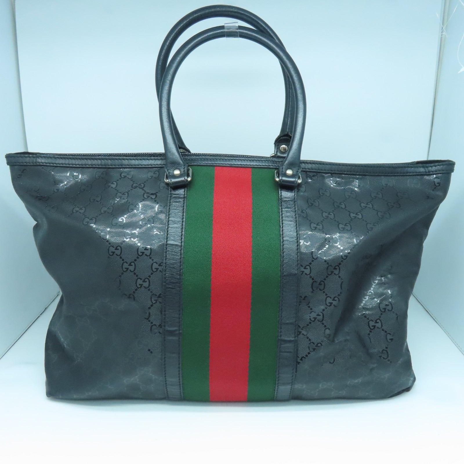 GUCCI 涂层帆布Imprime Monogram Web 500 Tote银扣手挽袋黑色