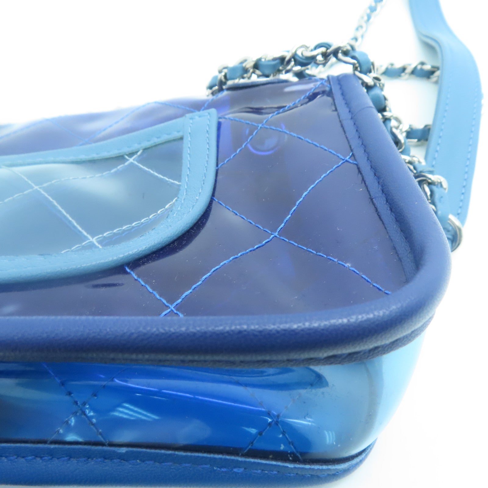 CHANEL PVC皮革Chain Shoulder銀扣鏈帶肩背袋銀色