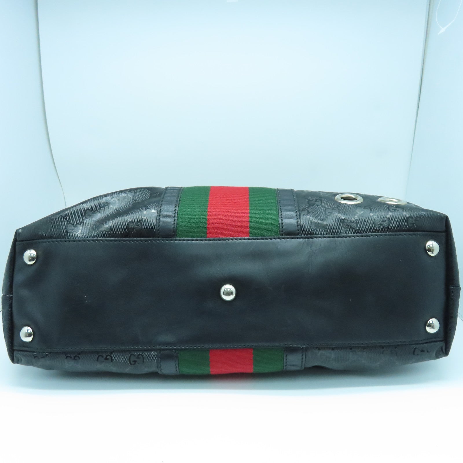 GUCCI 涂层帆布Imprime Monogram Web 500 Tote银扣手挽袋黑色
