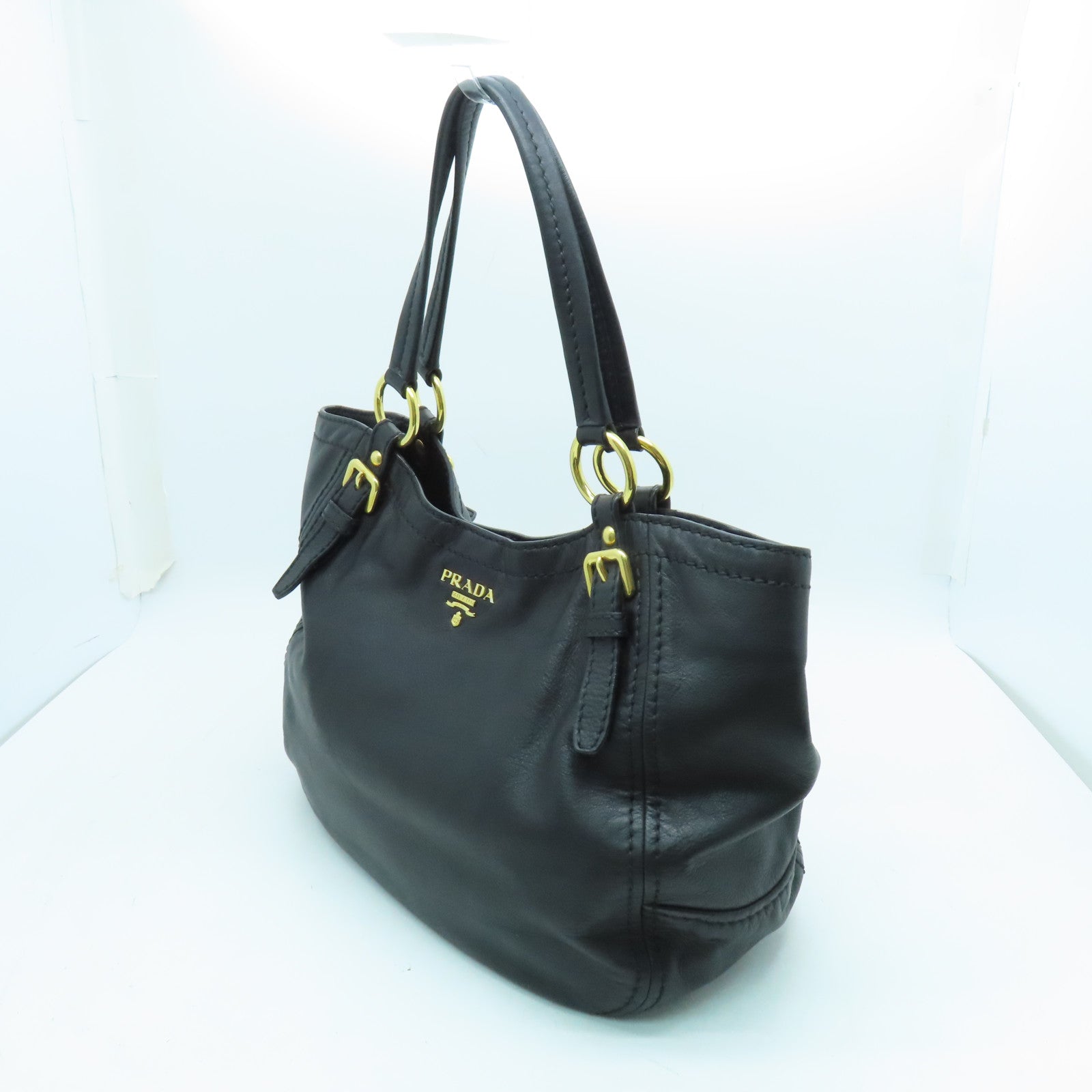 PRADA cowhide leather Shoulder Bag gold buckle shoulder bag black