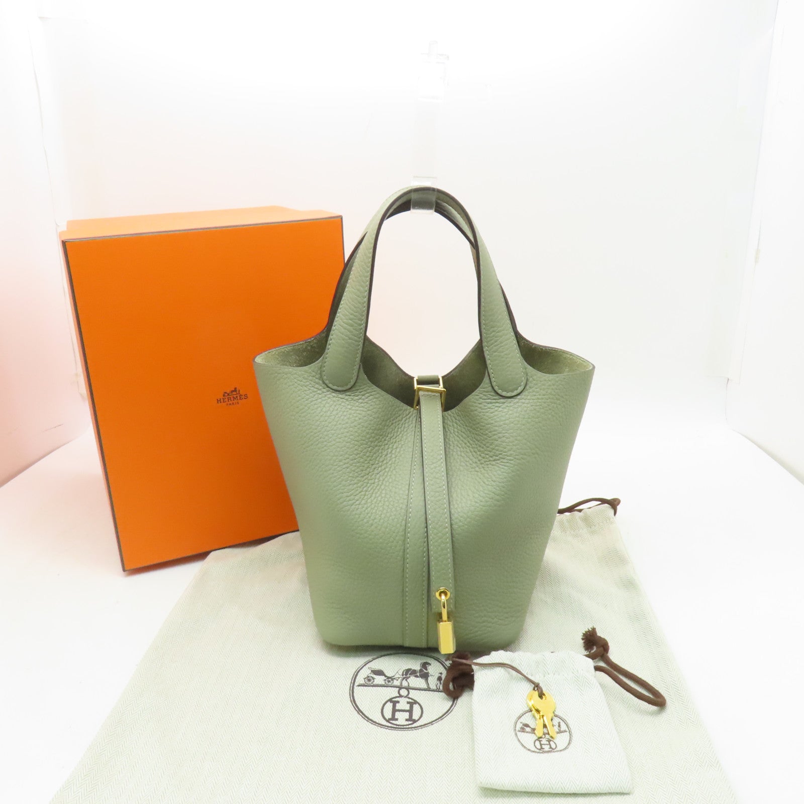 HERMES Clemence皮革Picotin PM金扣手挽袋Sauge綠色