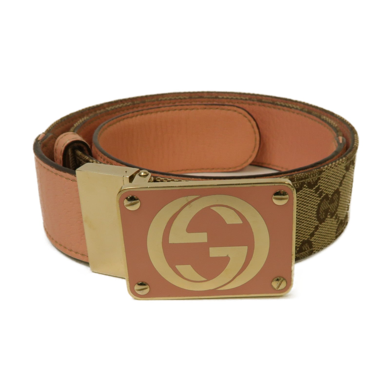 GUCCI 帆布/皮革Belt金扣皮帶啡色/粉紅色