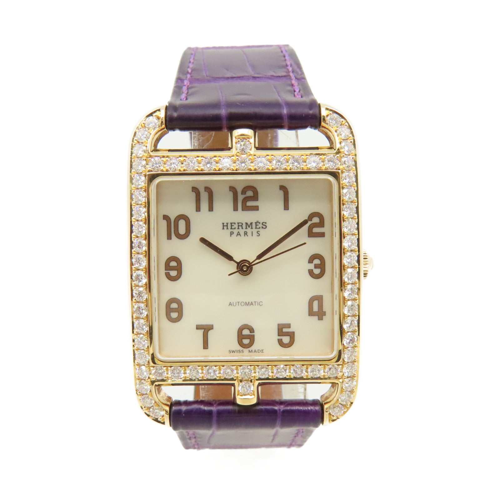 HERMES 18K黃金/鱷魚皮革帶/鑽石Cape Cod Watch自動機芯手錶貝殼色/金色