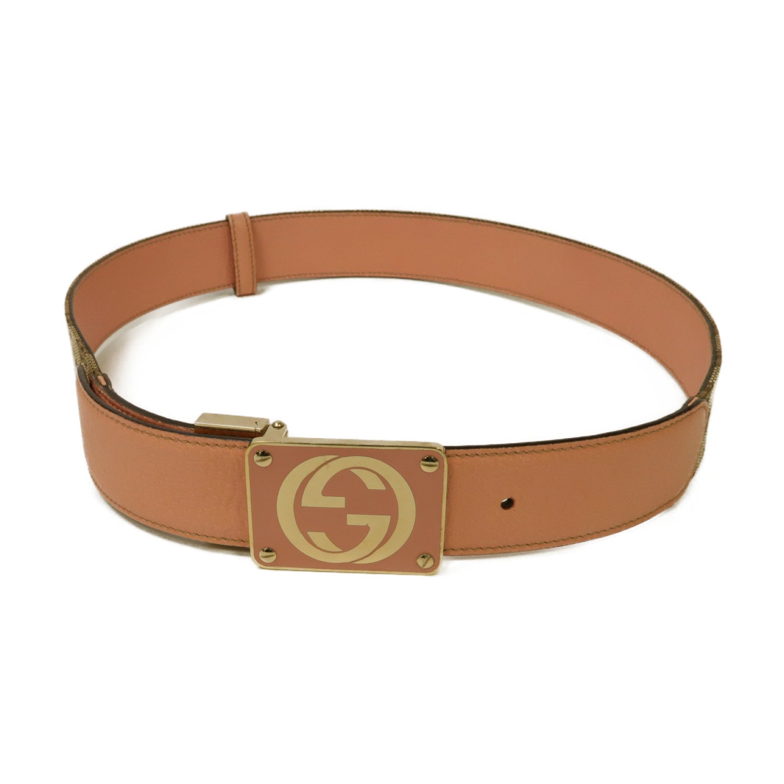 GUCCI 帆布/皮革Belt金扣皮帶啡色/粉紅色