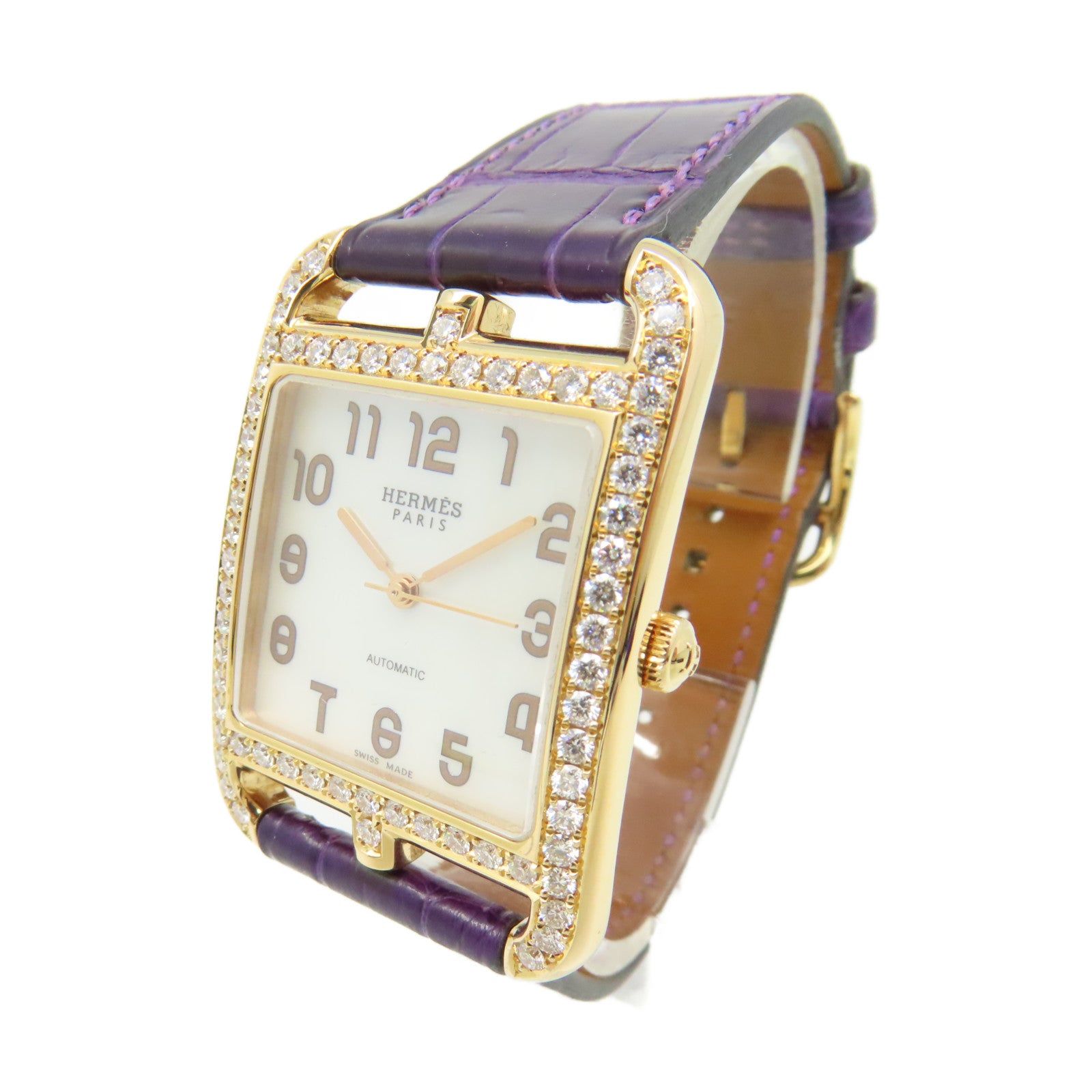 HERMES 18K黃金/鱷魚皮革帶/鑽石Cape Cod Watch自動機芯手錶貝殼色/金色