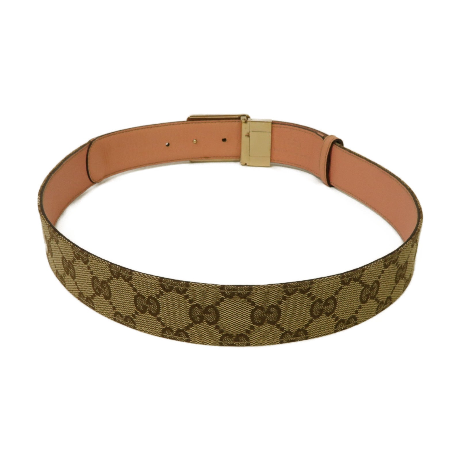 GUCCI 帆布/皮革Belt金扣皮帶啡色/粉紅色