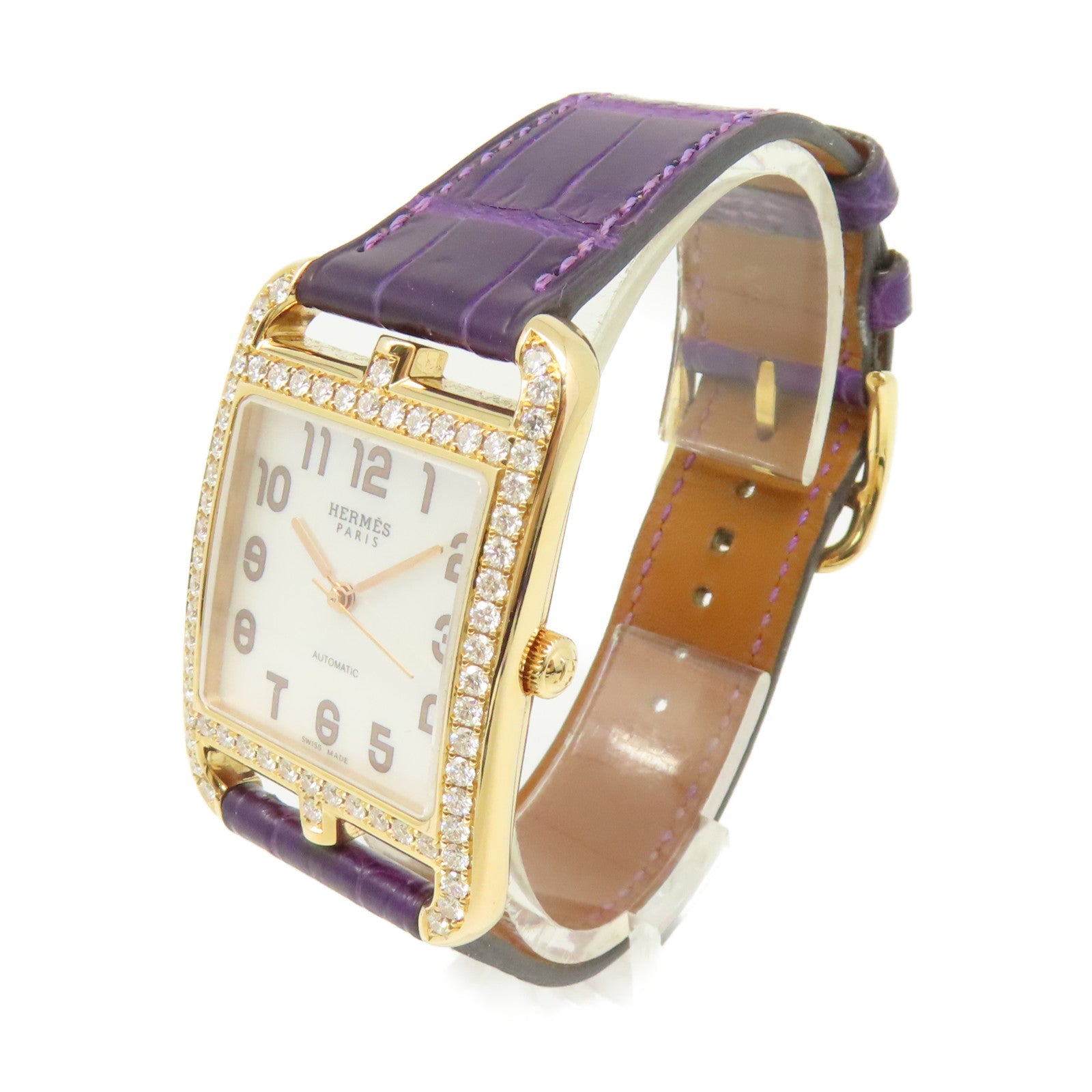 HERMES 18K黃金/鱷魚皮革帶/鑽石Cape Cod Watch自動機芯手錶貝殼色/金色