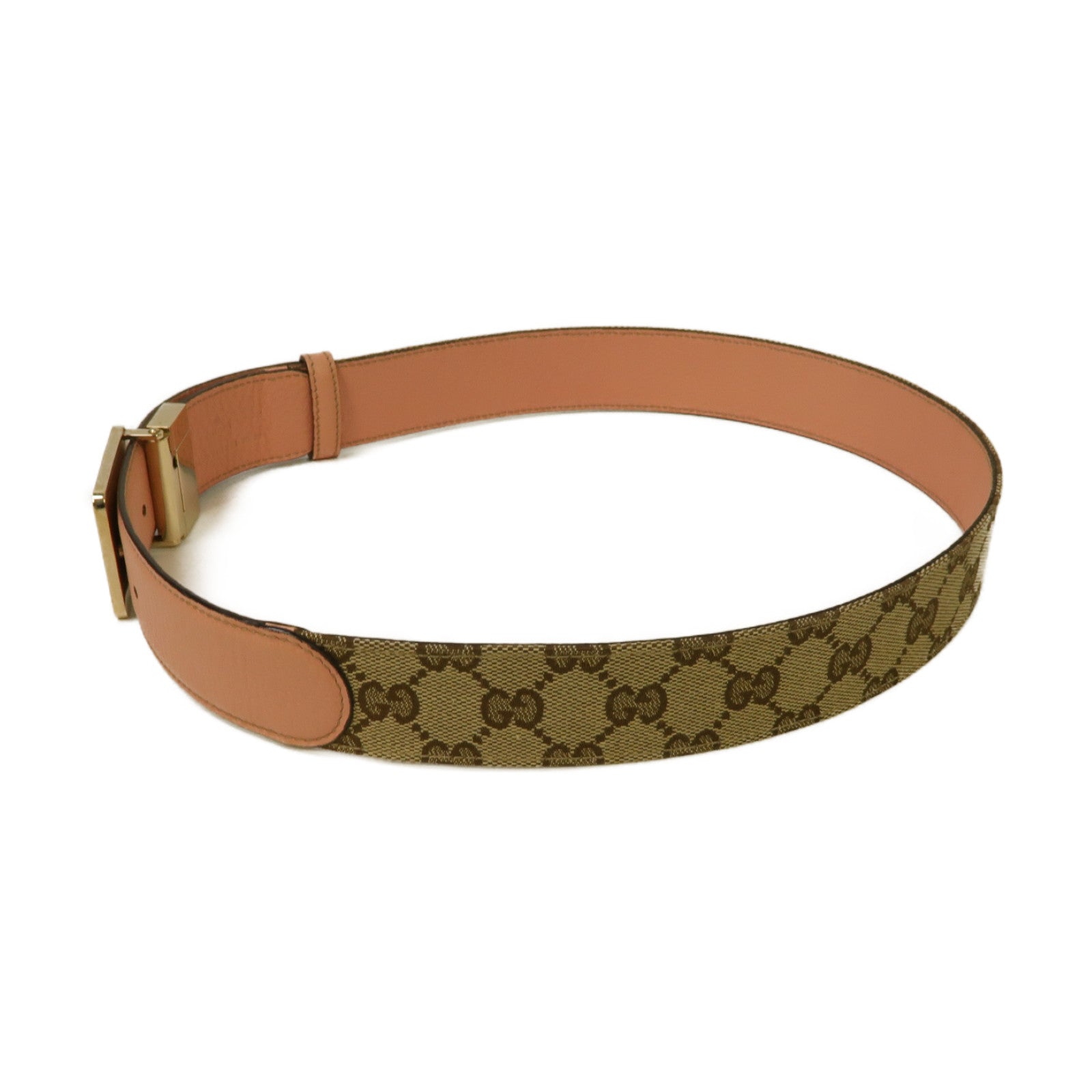 GUCCI 帆布/皮革Belt金扣皮帶啡色/粉紅色