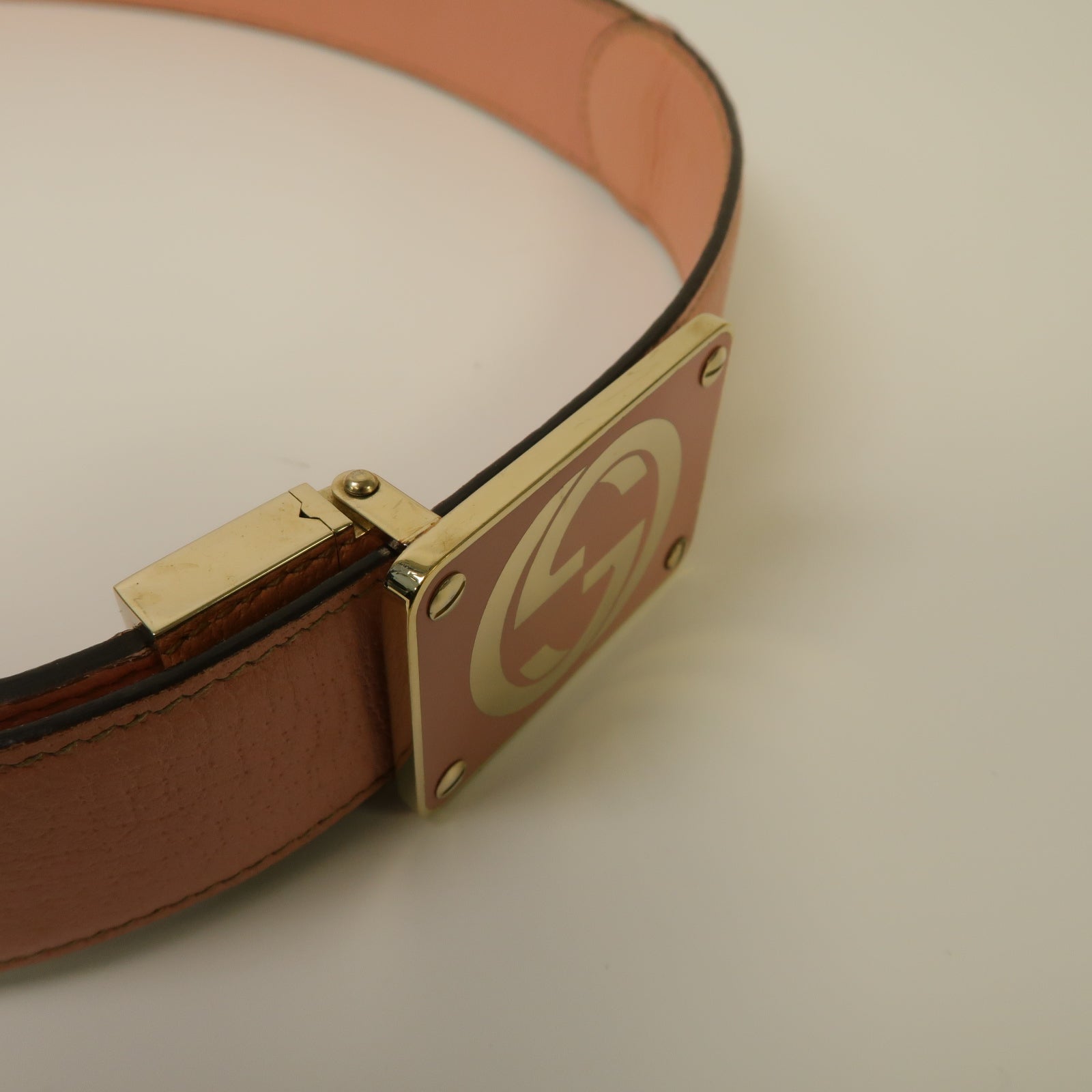 GUCCI 帆布/皮革Belt金扣皮帶啡色/粉紅色