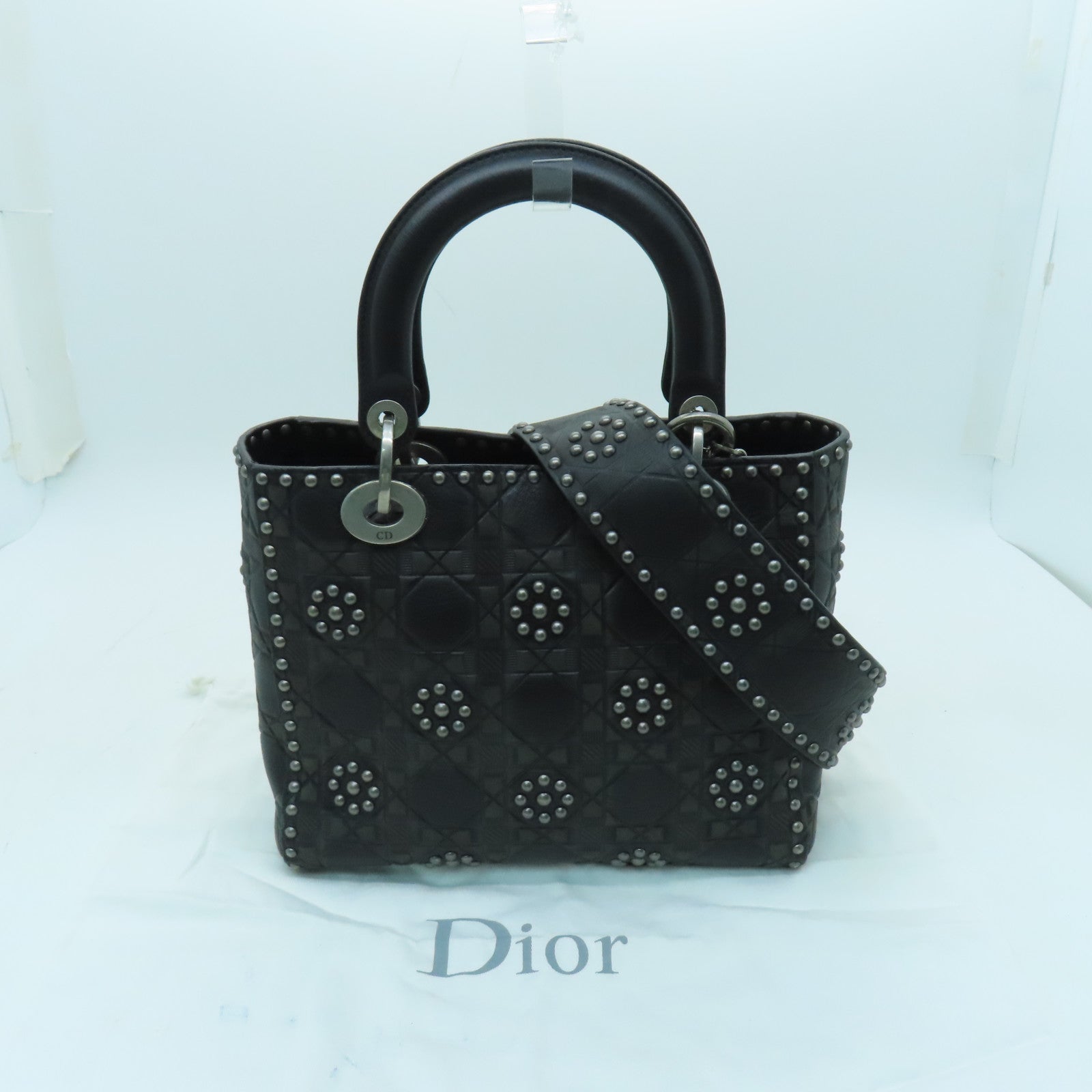 Dior Calfskin Leather Lady Dior Silver Buckle Handle Shoulder Bag Gray/Black