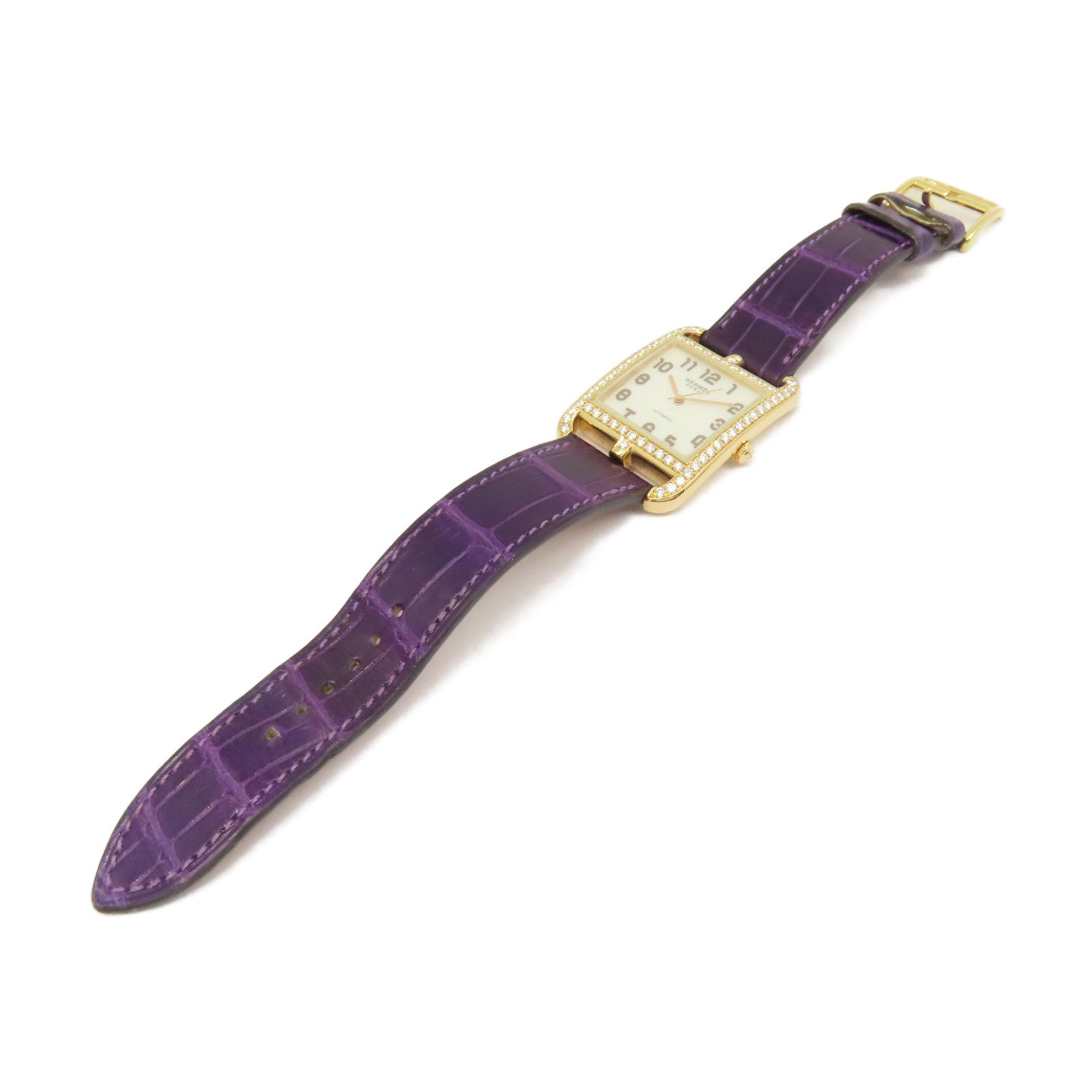 HERMES 18K黃金/鱷魚皮革帶/鑽石Cape Cod Watch自動機芯手錶貝殼色/金色