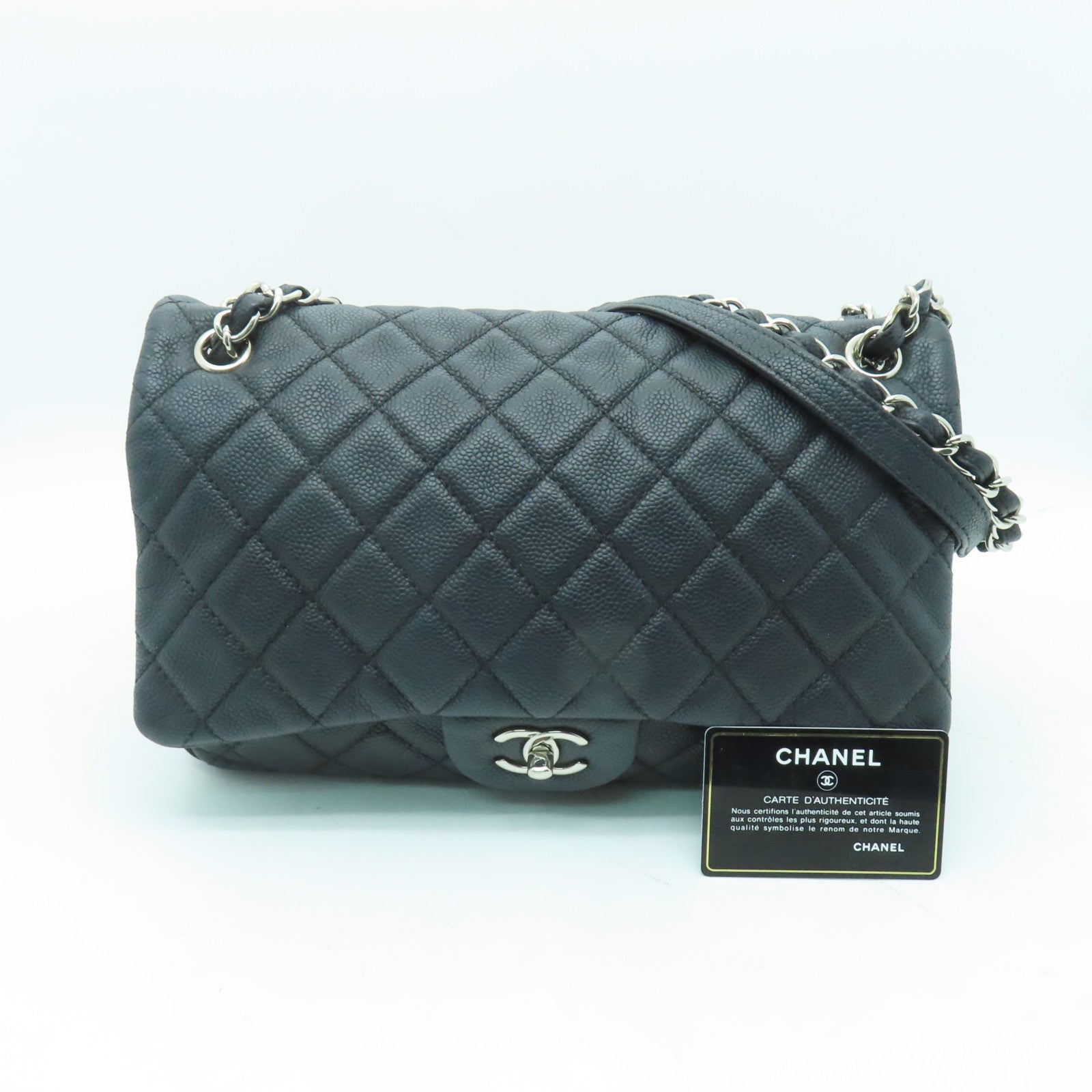 CHANEL 菱格Caviar皮革Easy Flap銀扣鏈帶肩背袋黑色