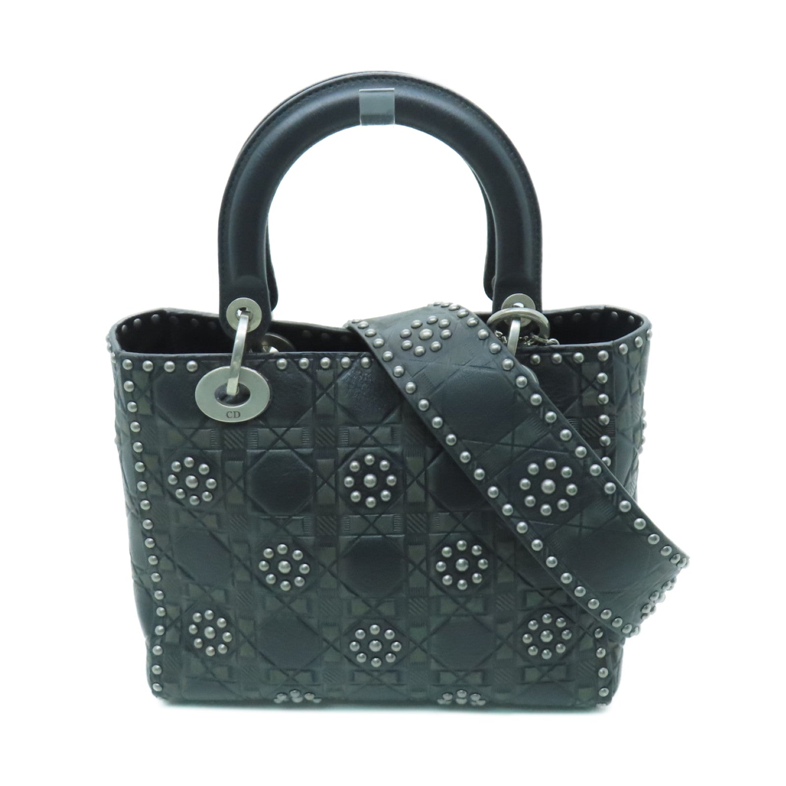 Dior Calfskin Leather Lady Dior Silver Buckle Handle Shoulder Bag Gray/Black