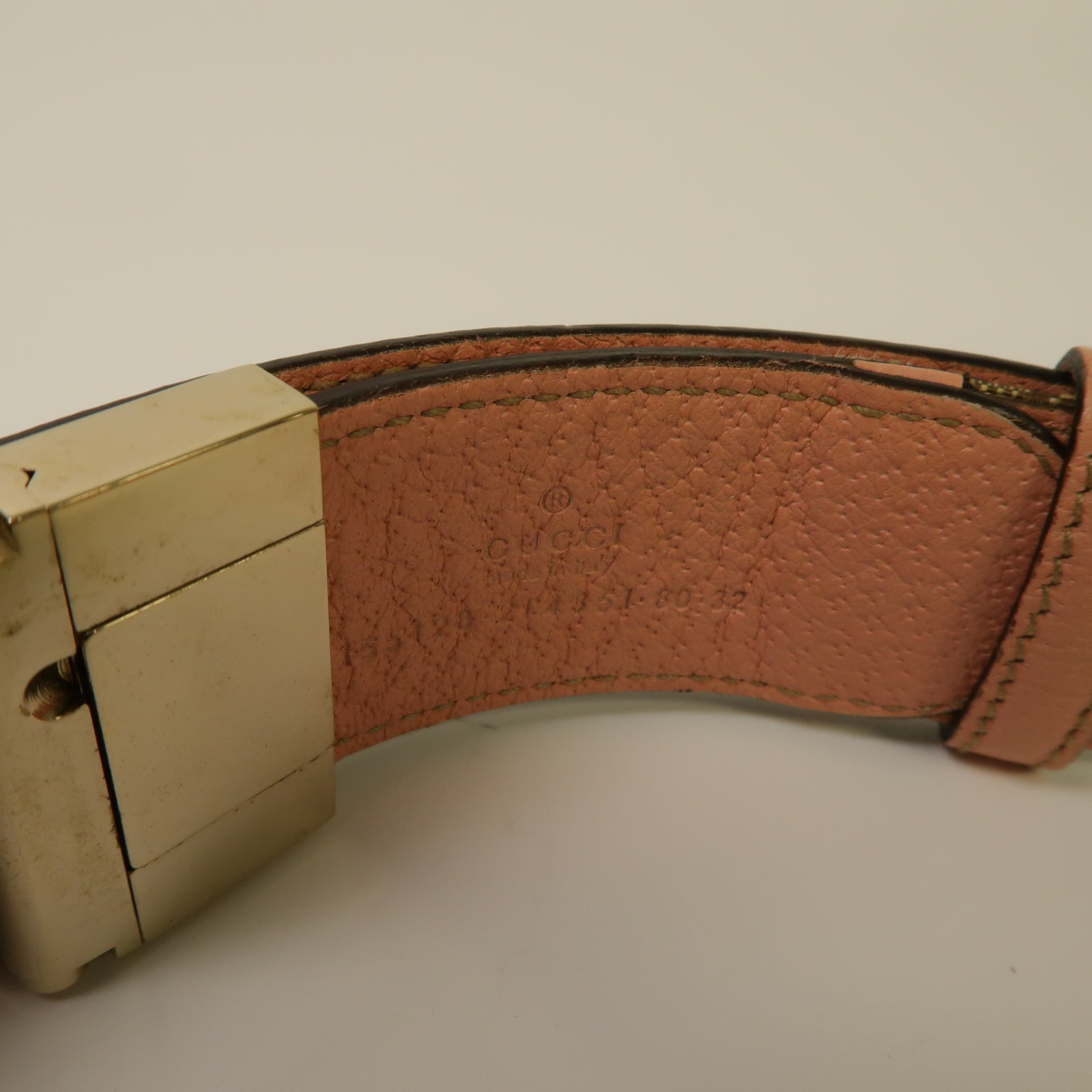 GUCCI 帆布/皮革Belt金扣皮帶啡色/粉紅色