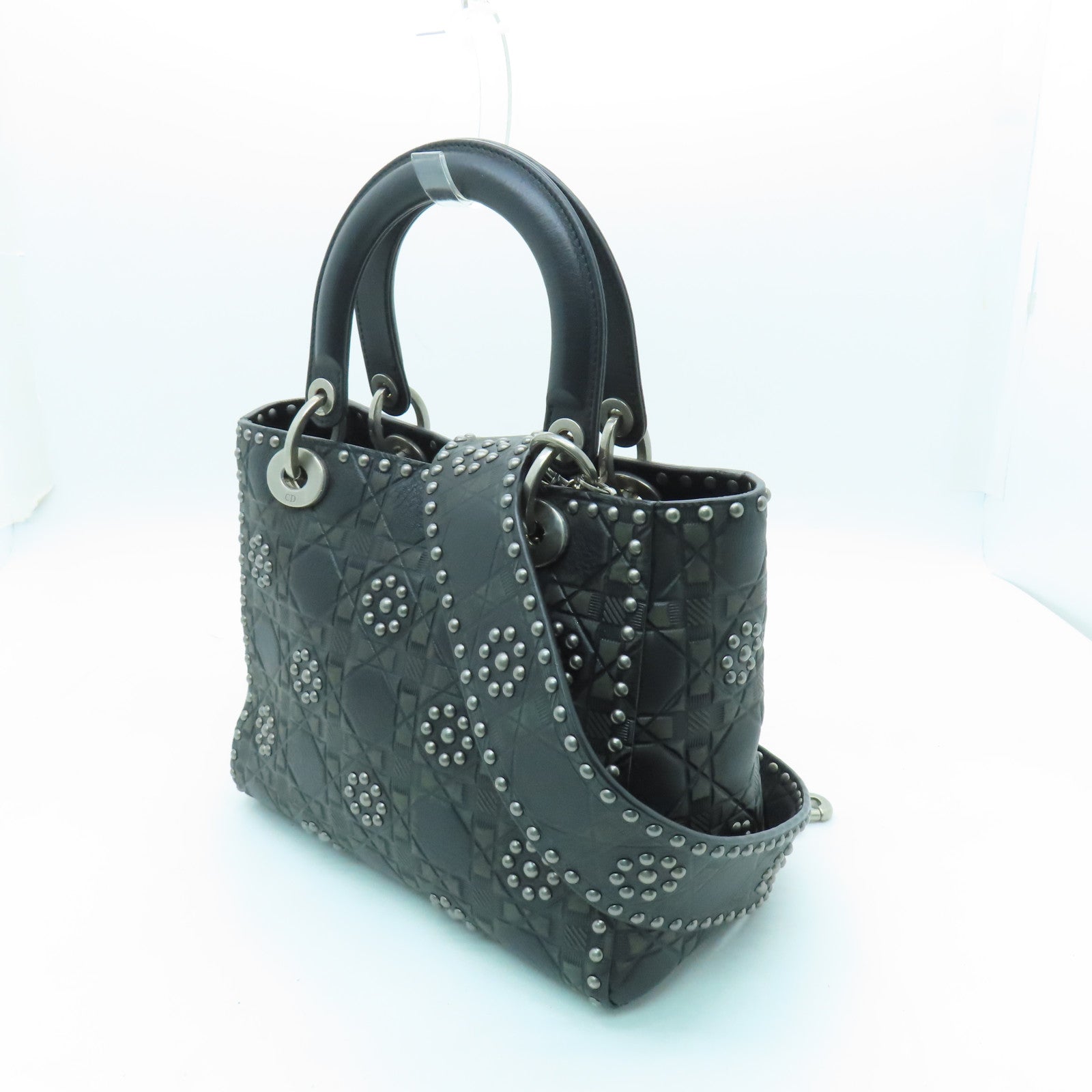 Dior Calfskin Leather Lady Dior Silver Buckle Handle Shoulder Bag Gray/Black