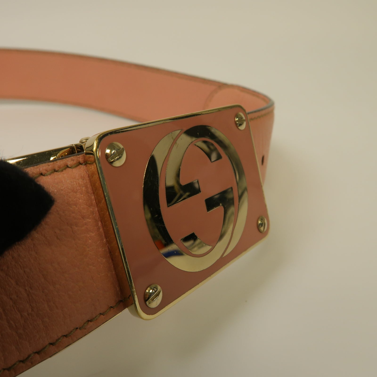 GUCCI 帆布/皮革Belt金扣皮帶啡色/粉紅色