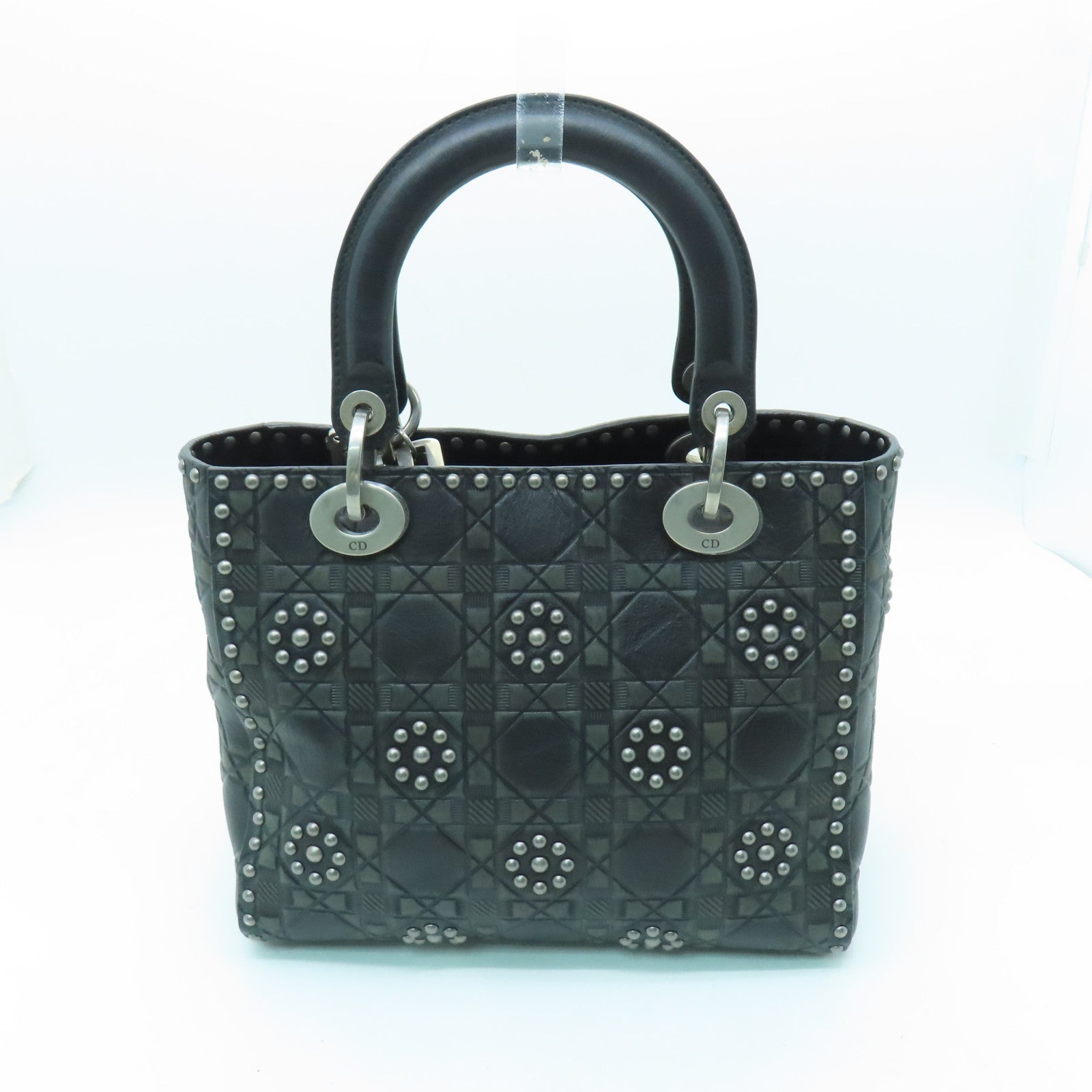 Dior Calfskin Leather Lady Dior Silver Buckle Handle Shoulder Bag Gray/Black