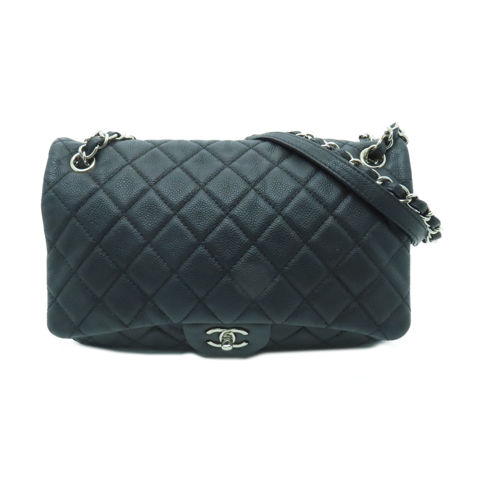CHANEL 菱格Caviar皮革Easy Flap銀扣鏈帶肩背袋黑色