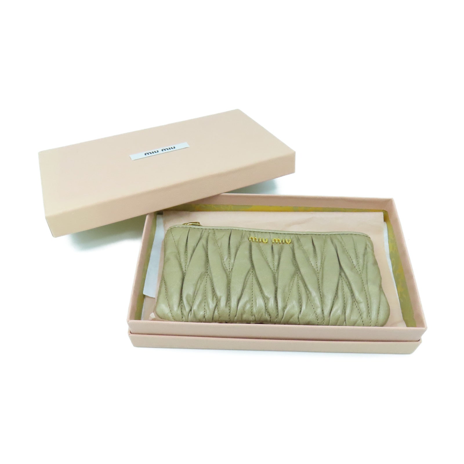 Miu Miu Cowhide Leather Pouch Gold Buckle Clutch Beige