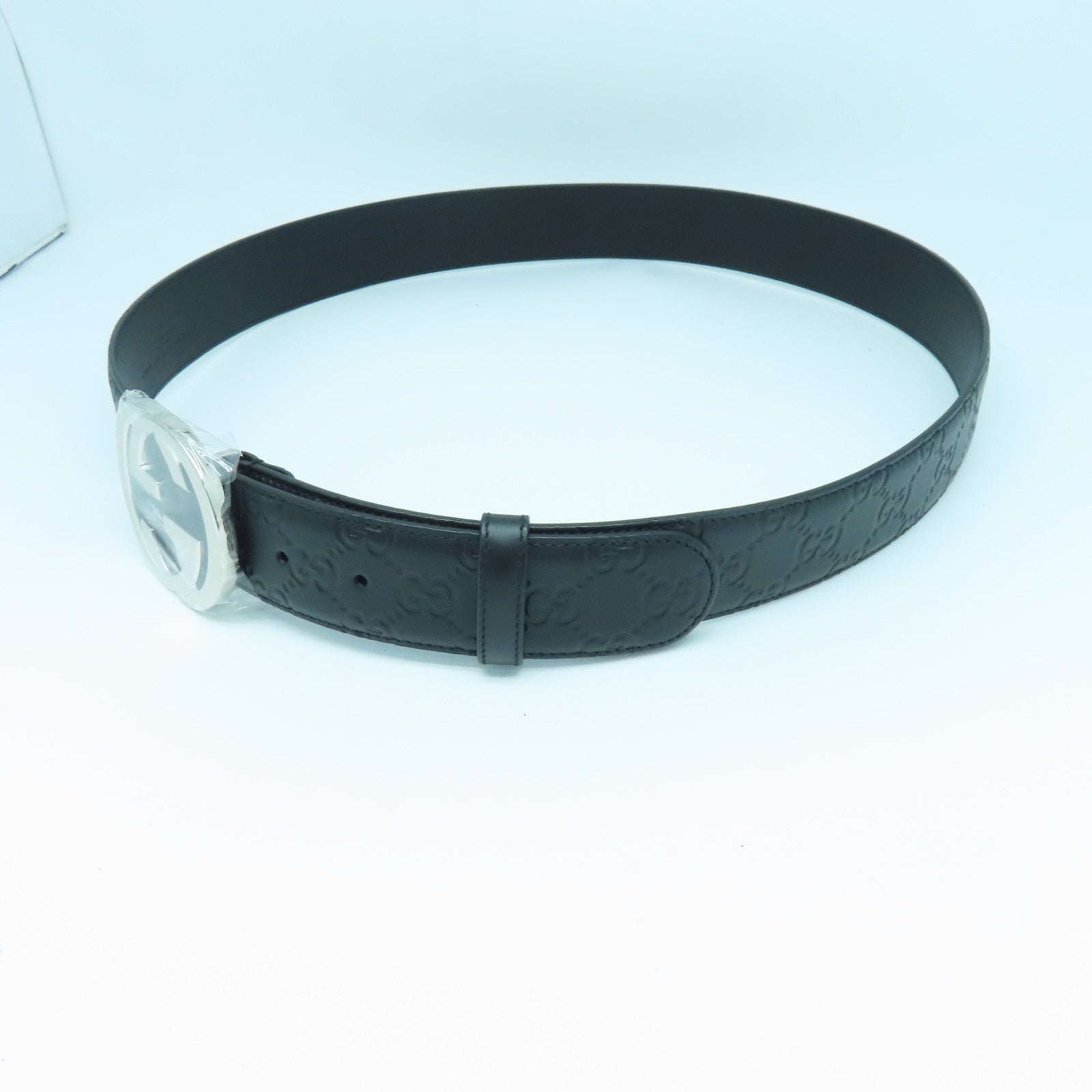 GUCCI Cowhide Leather Belt Silver Buckle Belt Black