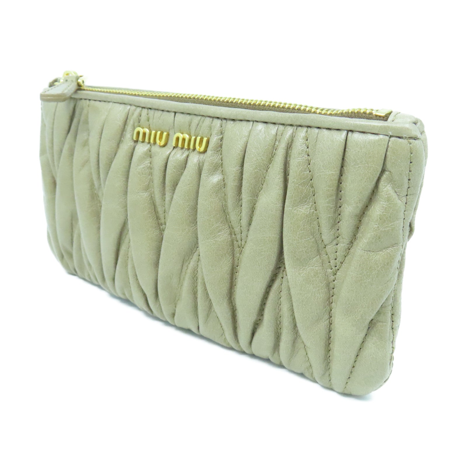 Miu Miu Cowhide Leather Pouch Gold Buckle Clutch Beige