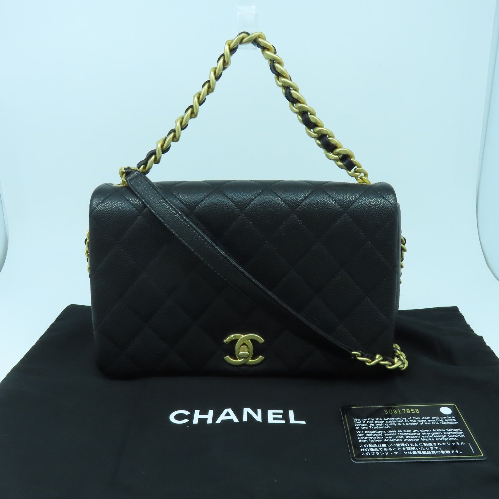 CHANEL 菱格Caviar皮革Flap Chain Shoulder Bag金扣手挽肩背兩用袋黑色