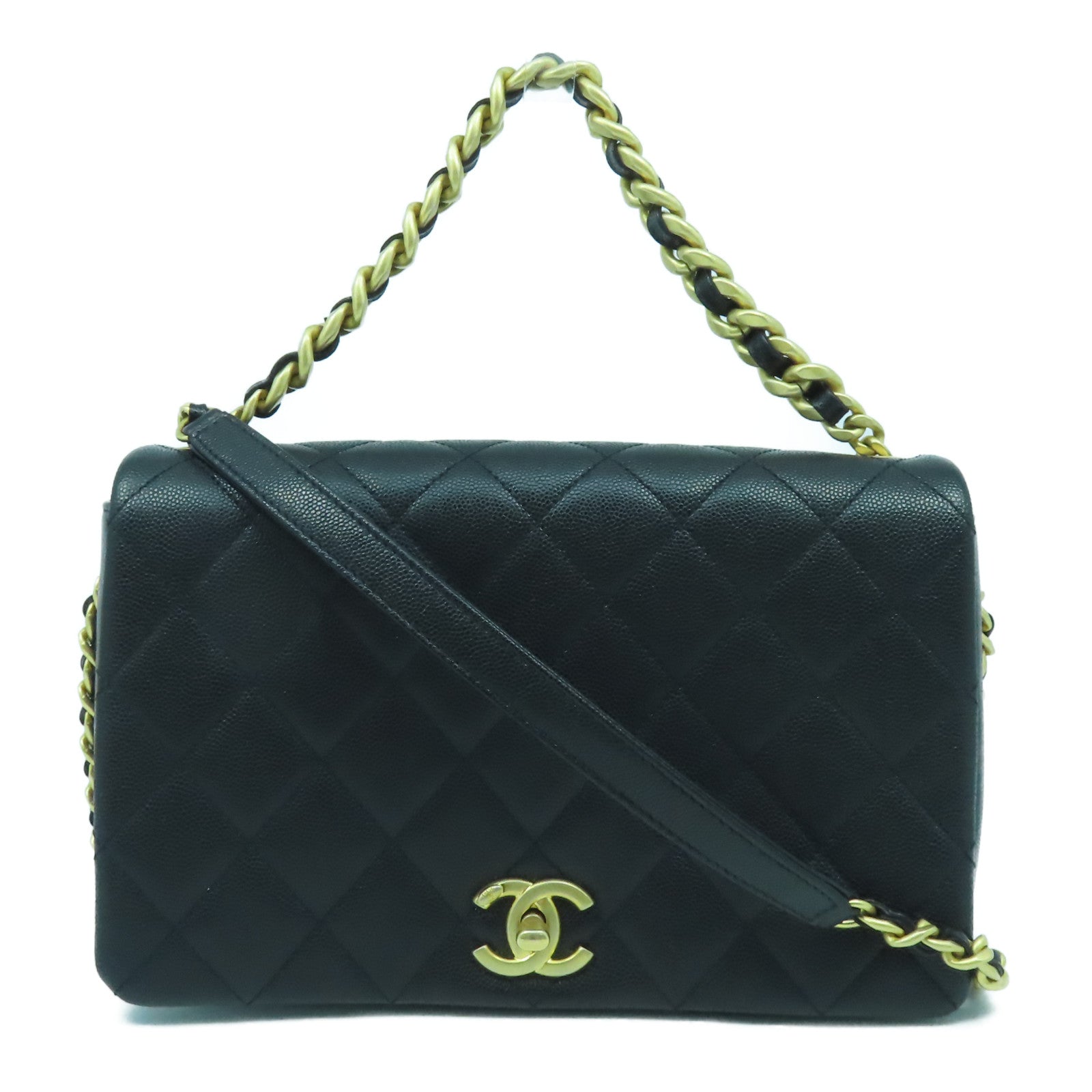 CHANEL 菱格Caviar皮革Flap Chain Shoulder Bag金扣手挽肩背兩用袋黑色