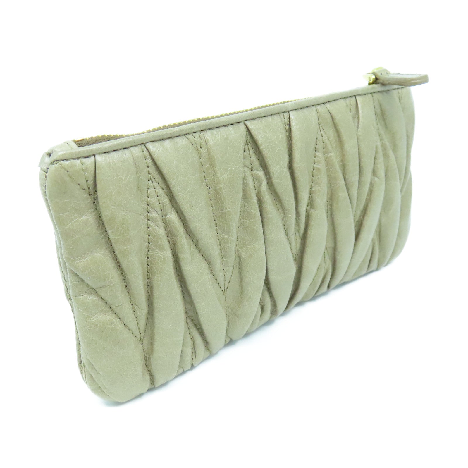 Miu Miu Cowhide Leather Pouch Gold Buckle Clutch Beige