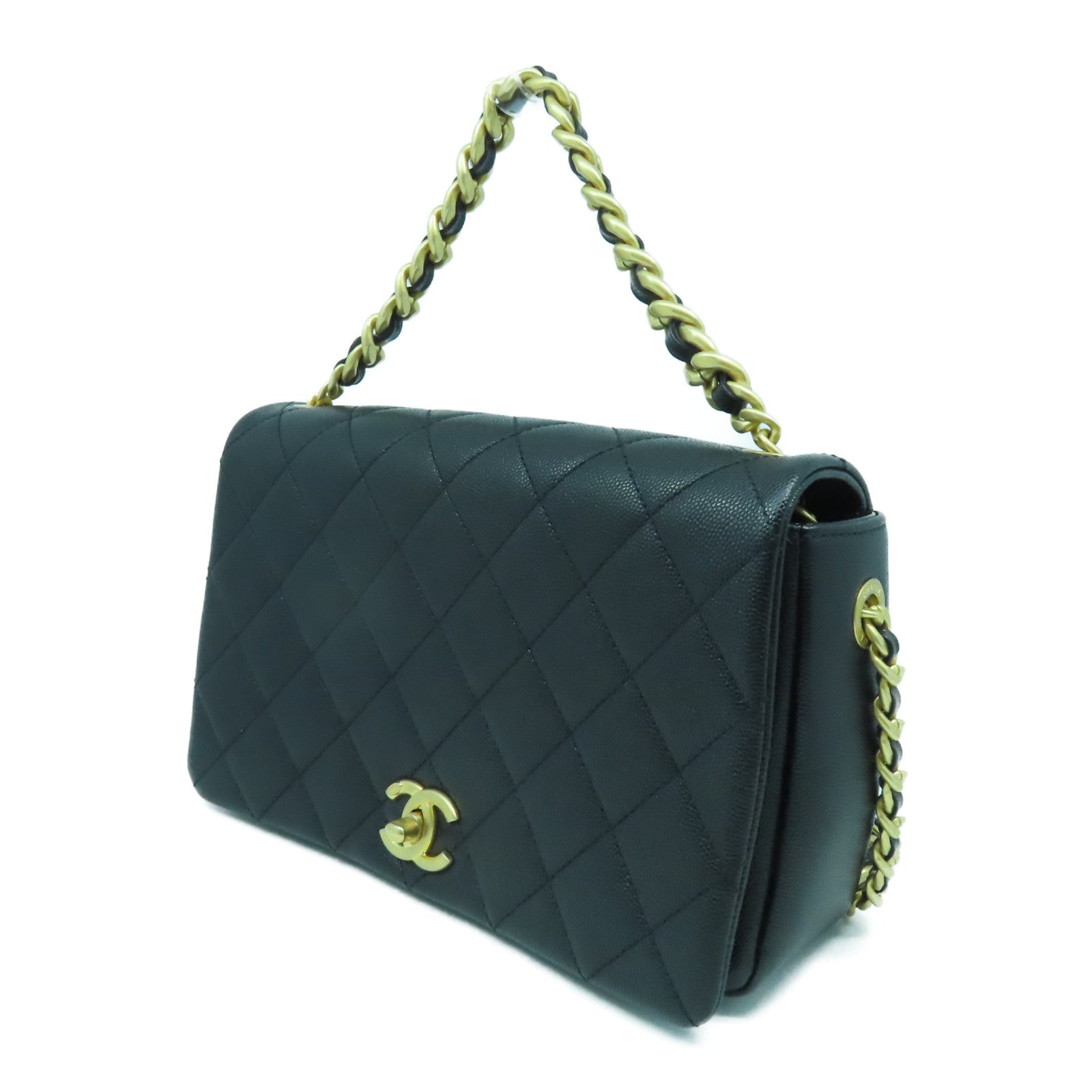 CHANEL 菱格Caviar皮革Flap Chain Shoulder Bag金扣手挽肩背兩用袋黑色