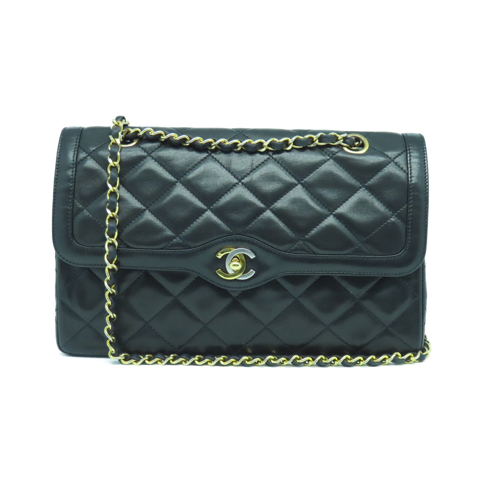CHANEL Diamond Sheepskin Leather Vintage 2 Tone CC Chain Shoulder Chain Shoulder Bag Black