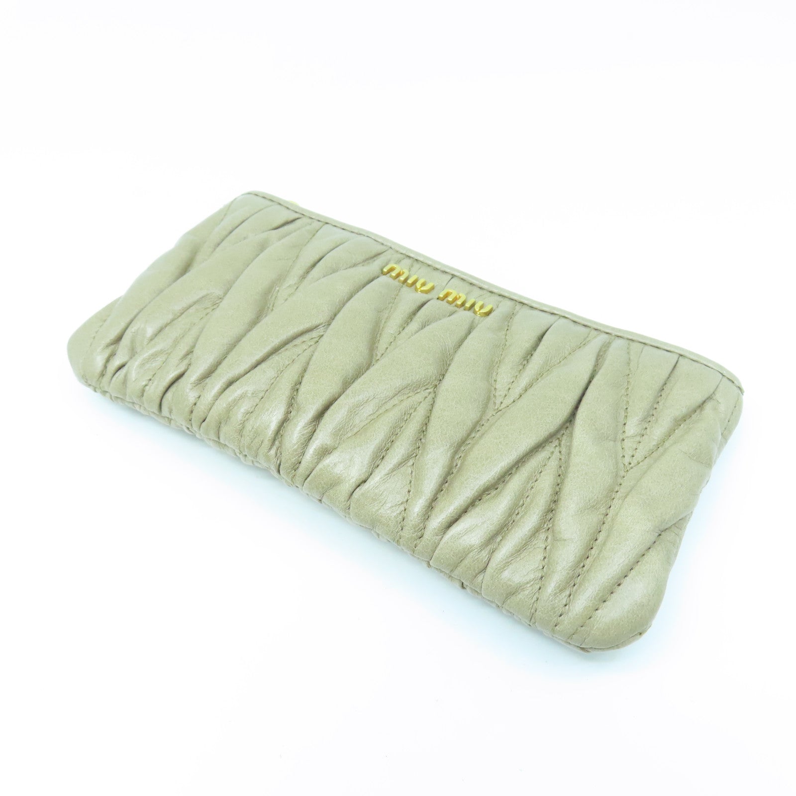 Miu Miu Cowhide Leather Pouch Gold Buckle Clutch Beige
