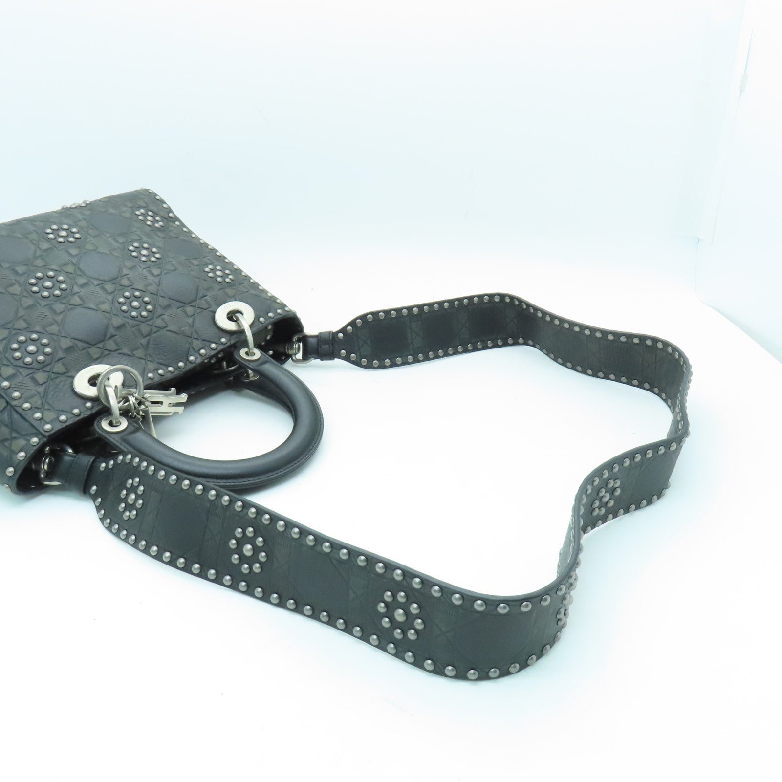Dior Calfskin Leather Lady Dior Silver Buckle Handle Shoulder Bag Gray/Black