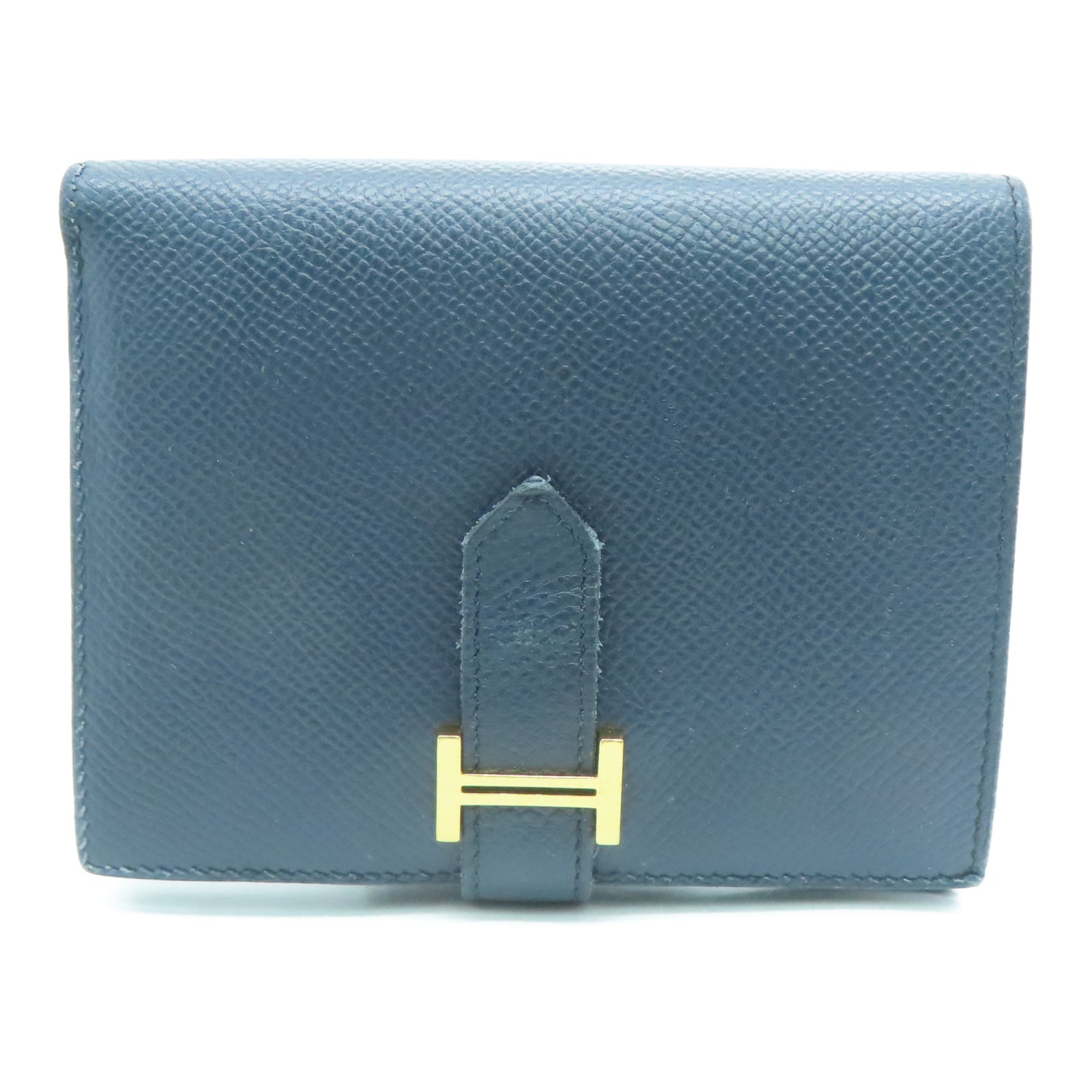 HERMES 【激減優惠】Veau Epsom皮革Bearn Compact金扣錢包深藍色