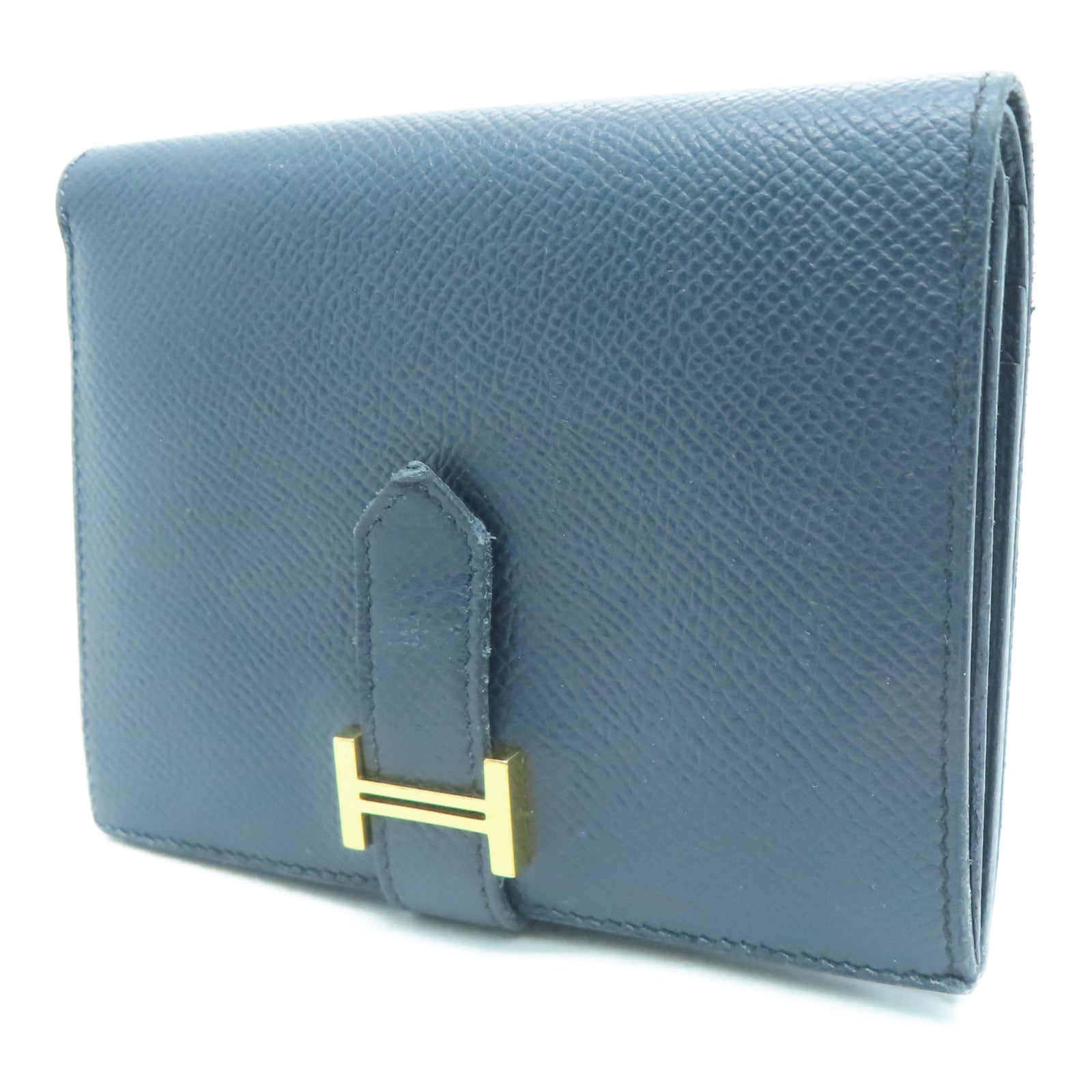 HERMES 【激減優惠】Veau Epsom皮革Bearn Compact金扣錢包深藍色