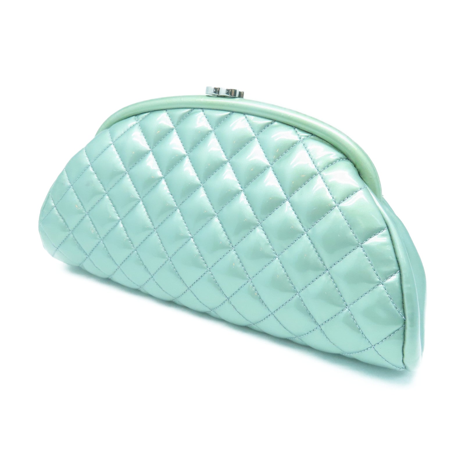 CHANEL 菱格漆皮皮革Clutch銀扣手提包綠色