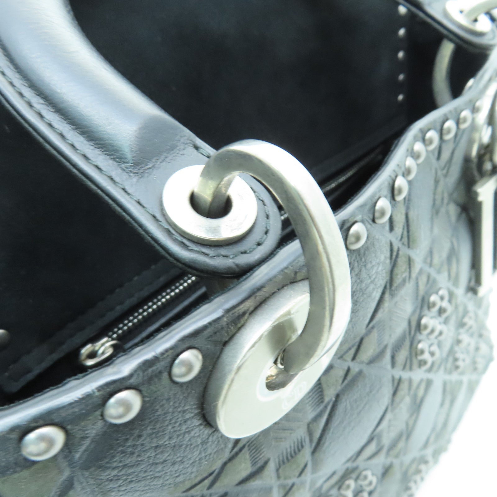 Dior Calfskin Leather Lady Dior Silver Buckle Handle Shoulder Bag Gray/Black
