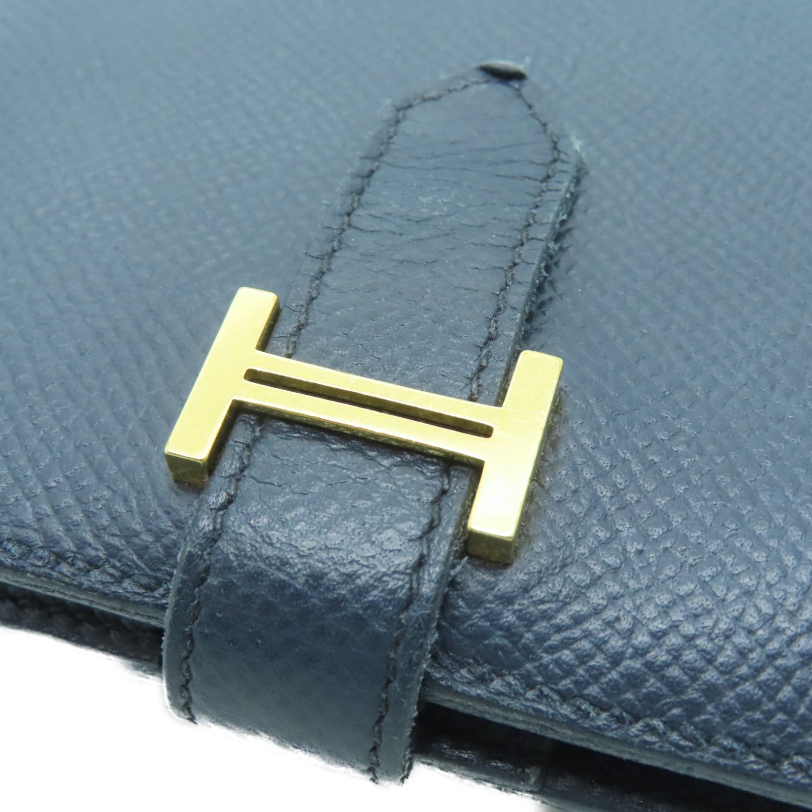 HERMES 【激減優惠】Veau Epsom皮革Bearn Compact金扣錢包深藍色